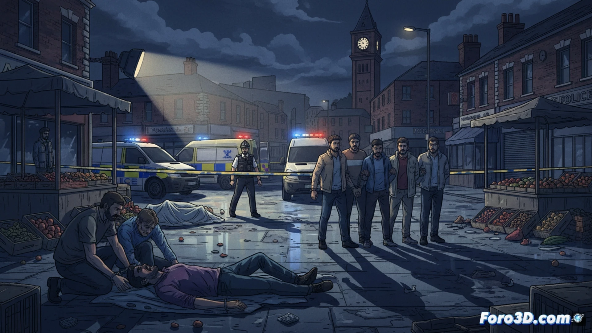 forensic investigation scene inside a dim London flat, two paramedics treating a bleeding man on the floor while a police officer handcuffs a second wounded individual, knife evidence markers on the carpet near scattered furniture, technical illustration style, cold blue emergency lighting, latex-gloved hands holding a sealed evidence bag, photorealistic crime scene reconstruction, visible bloodstain pattern analysis, ultra-detailed fabric textures and police equipment, dramatic chiaroscuro lighting