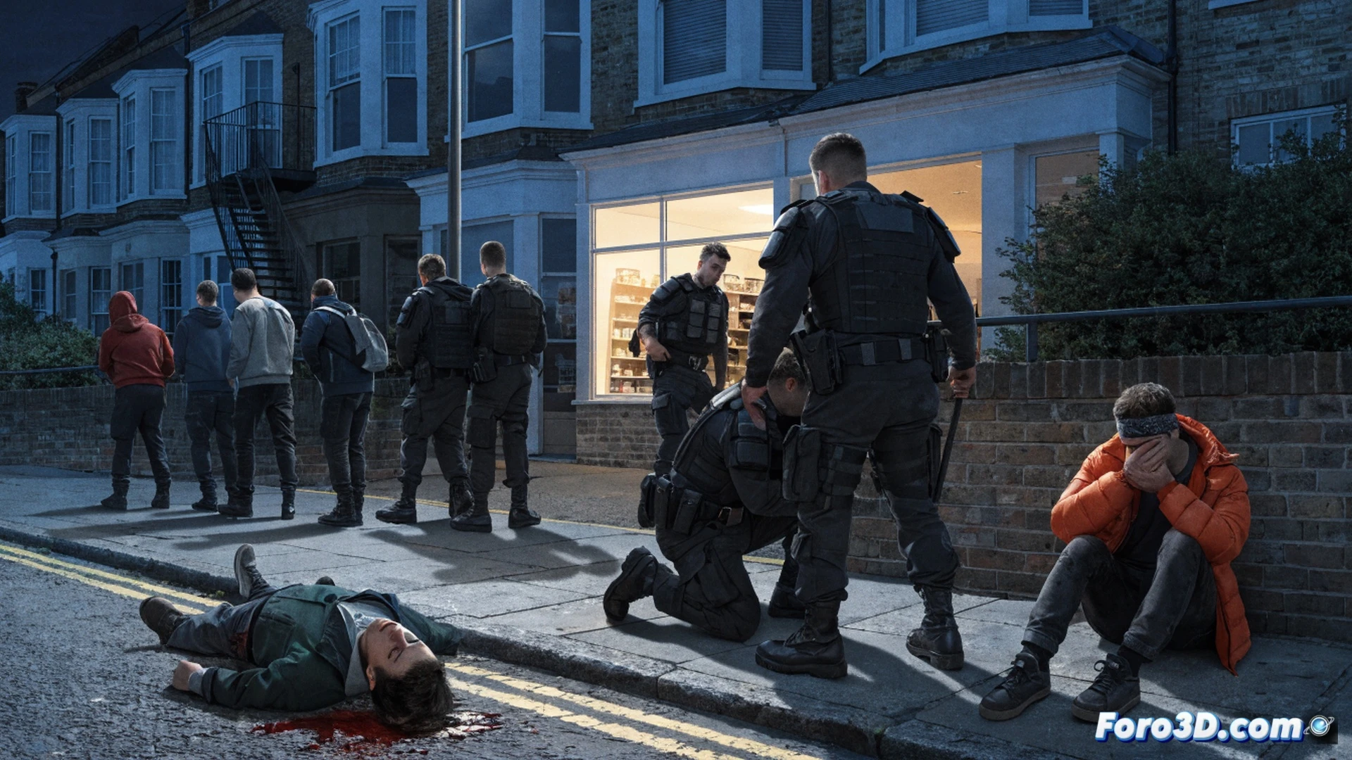 night street scene in Southall London, forensic officers in white suits examining a bloodstained pavement near a lamppost, yellow evidence markers placed on the ground, a police cordon tape stretched between two metal barriers, a CCTV camera mounted on a building corner angled toward the scene, a detective holding a tablet showing a map with highlighted locations, another officer interviewing a witness under a shop awning, cinematic photorealistic style, blue and orange street lighting, rain-slicked asphalt reflecting emergency vehicle lights, ultra-detailed urban textures, dramatic tension, technical crime scene documentation visualization