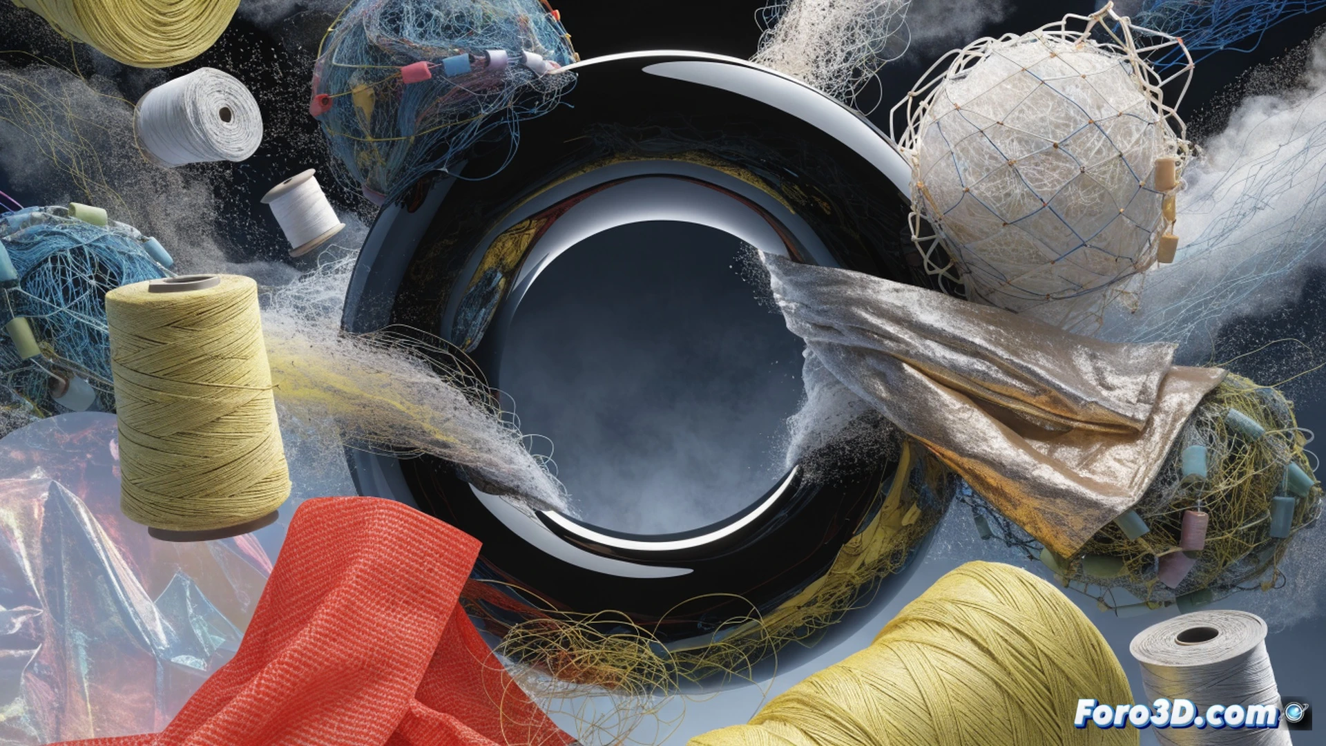 submerged fishing net tangled with plastic debris floating in dark ocean water, industrial robotic arm grabbing the net while chemical regeneration process is shown through glowing blue and green molecular chains breaking down nylon fibers, transparent factory pipes carrying recycled material upward, clean white nylon 6 filament emerging from a spool, infinite loop arrow made of shimmering polymer strands circling the scene, ultra-detailed photorealistic engineering visualization, cinematic underwater lighting with surface light rays, dramatic contrast between ocean waste and purified material, technical illustration style with precise mechanical components