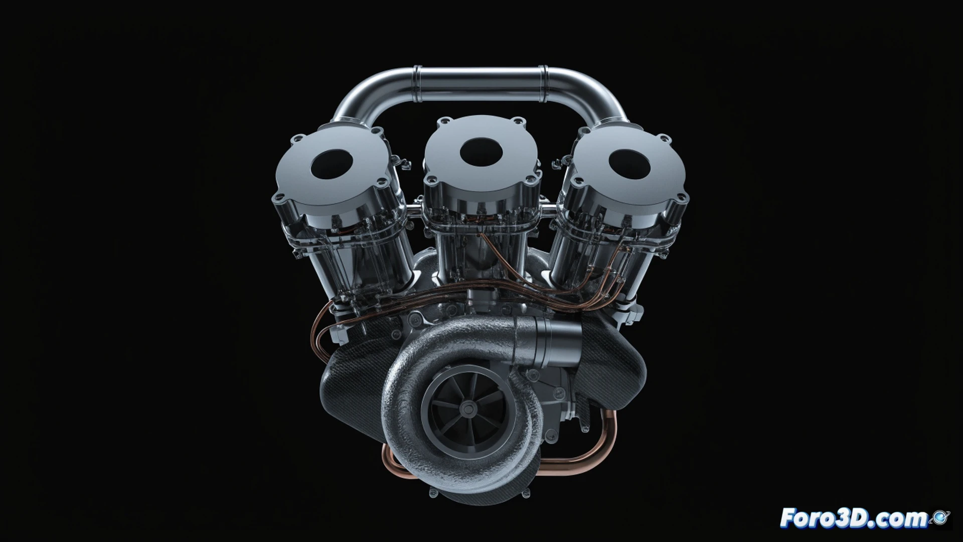 Photorealistic engineering visualization of a three-cylinder turbo engine with cutaway view showing 175 components, while a robotic arm performs assembly action on the simplified block, compact metallic structure with reduced wiring and fewer fasteners compared to conventional engines, glowing efficiency indicators on a digital display showing fuel consumption reduction, transparent cylinder head revealing piston motion during combustion cycle, clean industrial lighting, ultra-detailed casting surfaces and turbocharger integration, technical illustration style with precise mechanical focus, dramatic shadows highlighting minimalist design