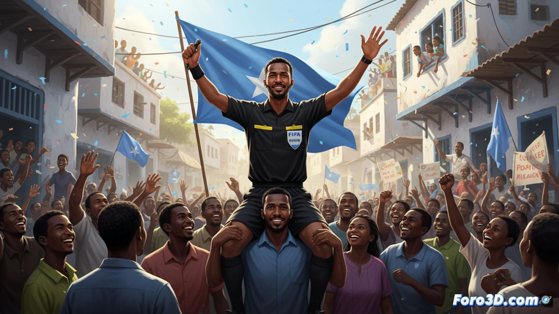 Somali referee Omar Artan in full black FIFA uniform walking through a crowded Mogadiscio street, crowd cheering with raised hands, airport control tower visible in background, a US visa rejection stamp graphic effect overlaying a passport silhouette, motion blur on waving flags, dramatic golden sunset lighting, dust particles in air, photorealistic cinematic shot, ultra-detailed textures on clothing and faces, deep emotional expressions, wide-angle lens perspective, high contrast shadows