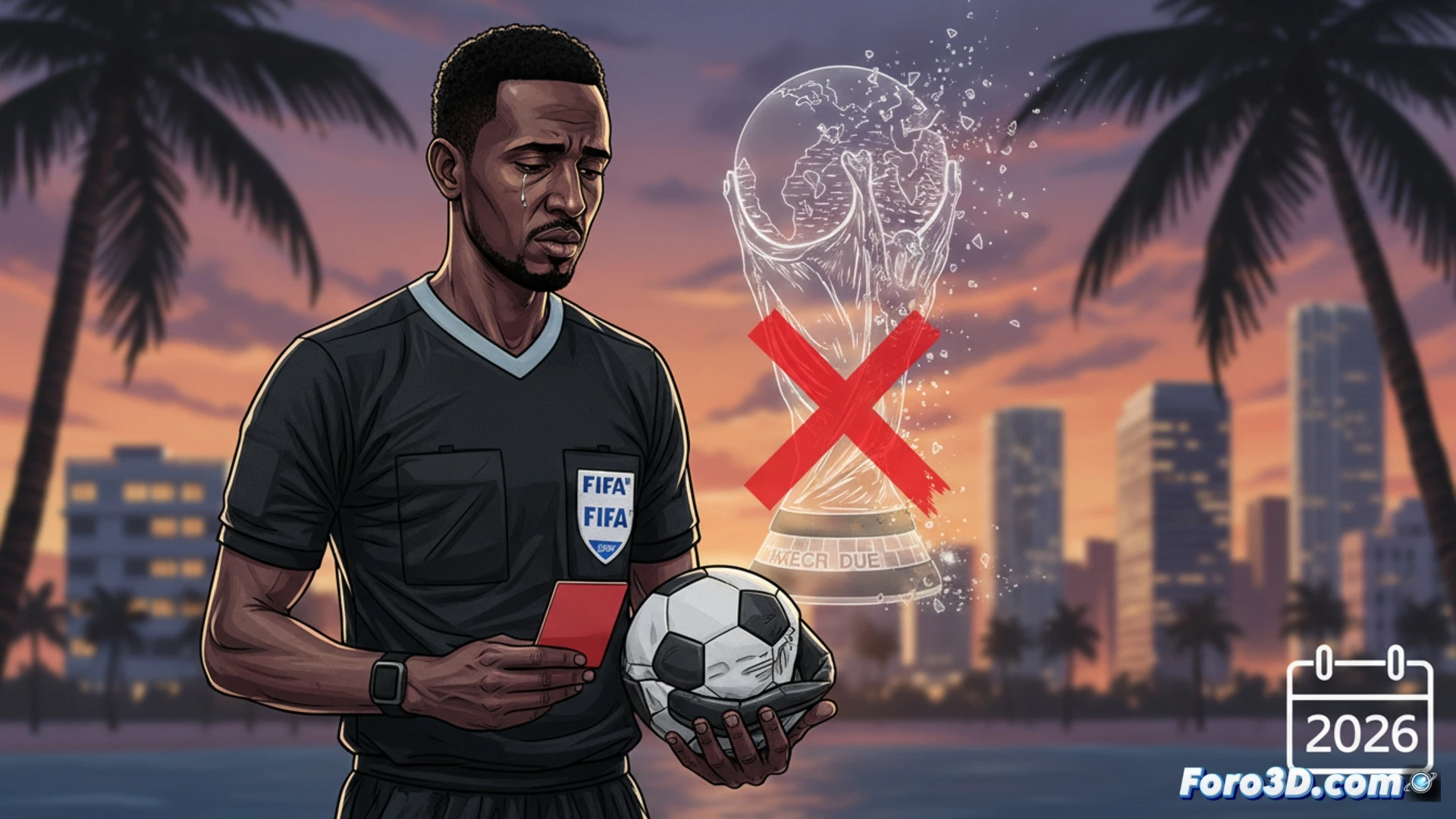 Somali football referee Omar Artan standing at a US airport security checkpoint, holding a FIFA World Cup 2026 credential being denied by an immigration officer, biometric scanner showing red rejection light, suitcase with FIFA badge on the floor, airport terminal background with departure screens, dramatic cinematic lighting, photorealistic technical illustration, emotional tension visible through body language, security barriers and official documents on counter, ultra-detailed facial expressions, realistic airport environment
