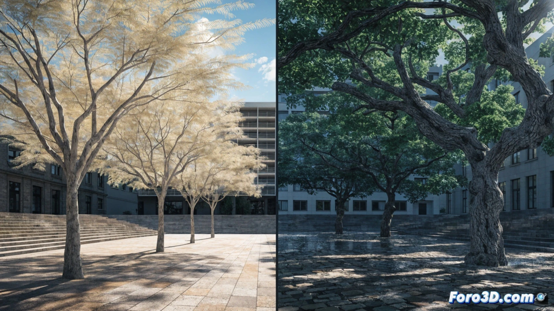 urban heat island effect visualization, concrete city plaza at midday sun, decorative palm trees casting minimal thin shadows on scorching pavement, municipal workers planting a large leafy plane tree with wide canopy, while another worker removes a non-shading ornamental shrub, digital thermometer on tripod showing 45 degrees celsius ambient reading, infrared thermal camera on tripod displaying red-hot ground surface, technical urban planning illustration style, photorealistic render, dramatic high-contrast lighting from harsh sunlight, deep shadows under the new tree, reflective heat waves rising from asphalt, ultra-detailed foliage textures, engineering visualization aesthetic