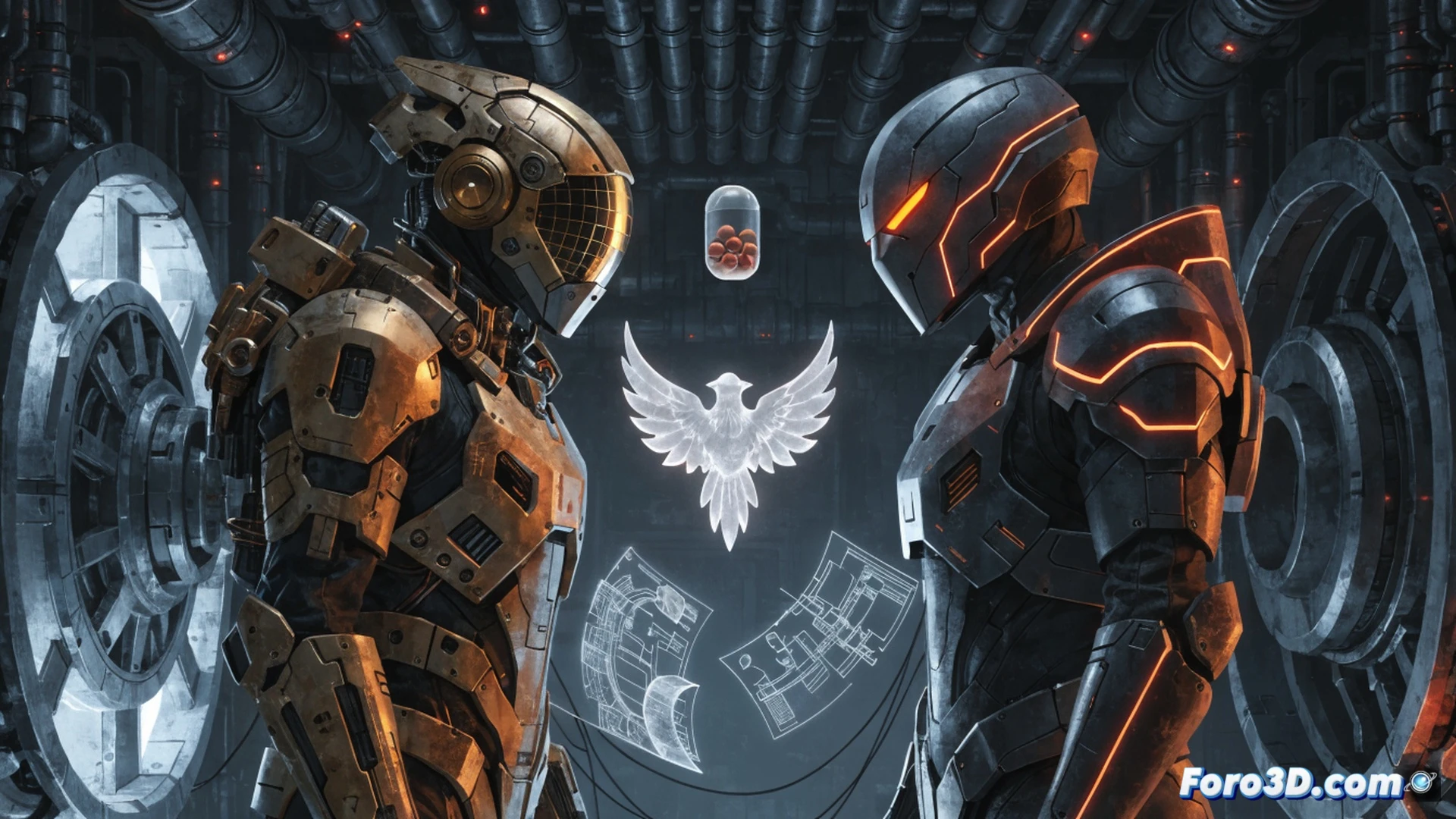 Arc Raiders underground bunker loot room, veteran player holding a mysterious glowing token while a holographic blueprint materializes mid-air, novice player watching from a shadowed corridor, old skill point tokens dissolving into dust on a metal table, mechanical arms lowering a sealed crate with blinking amber lights, cinematic engineering visualization, gritty metallic surfaces, steam vents, cool blue and warm orange ambient lighting, photorealistic technical render, action showing the moment of reward exchange, dramatic shadows, ultra-detailed sci-fi industrial environment