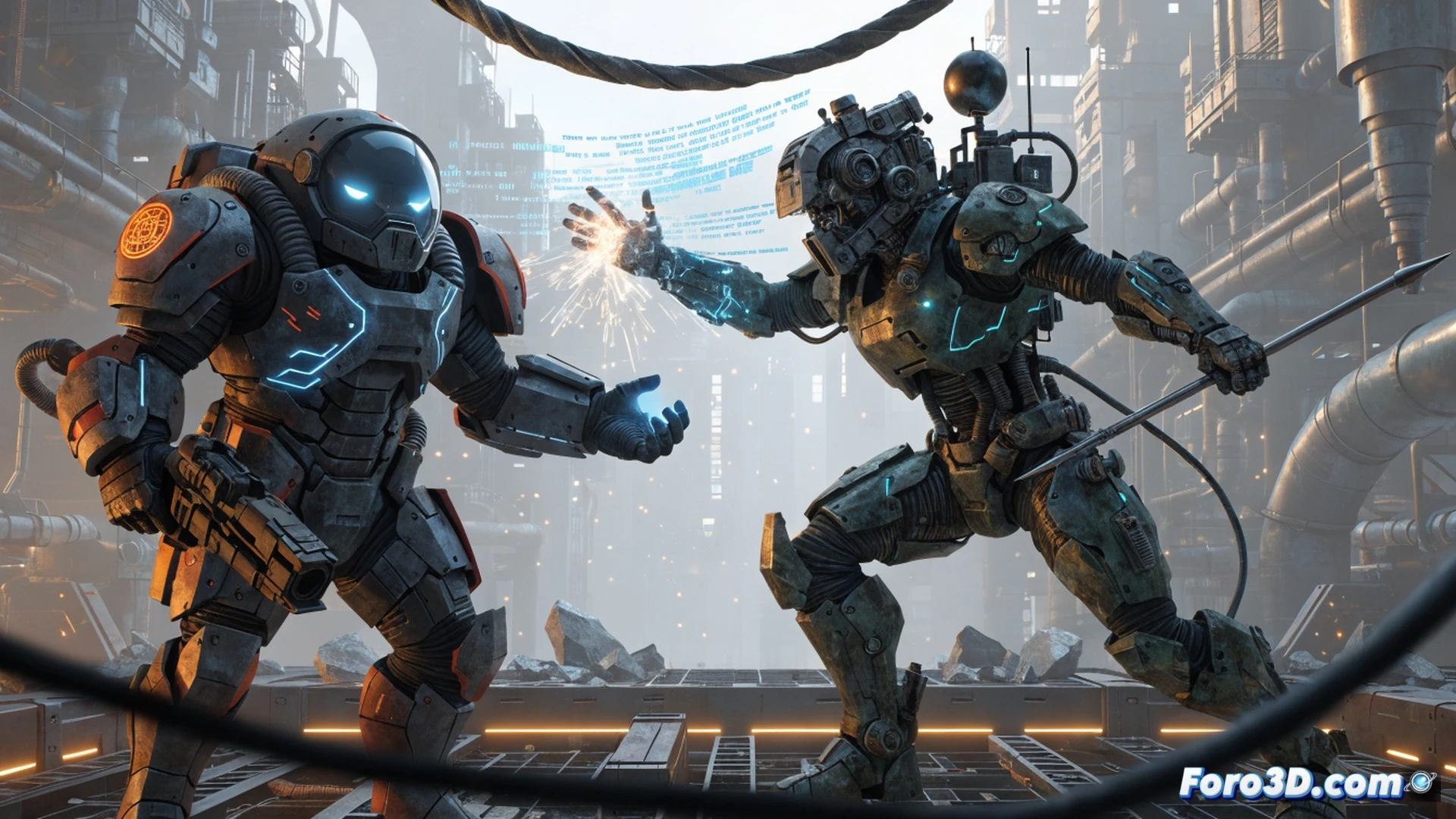 futuristic security checkpoint in a sci-fi hangar, holographic Denuvo anticheat shield scanning a player's inventory crate, duplicate items glowing red and disintegrating mid-air, notification hologram showing a ban hammer icon and compensation credits, motion blur on a runner exiting the zone, dark metallic walls with blue neon lines, cinematic technical illustration, photorealistic rendering, dramatic spotlight from above, ultra-detailed UI panels and weapon modules, clean industrial atmosphere