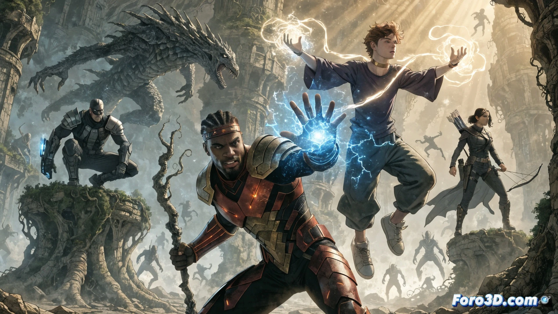 Arcane Avengers battling yokai demons in a mystical Mangaverse cityscape, Winter Soldier wielding a glowing enchanted arm mid-swing, Bloodline casting crimson energy tendrils, Wiccan conjuring a spiral of arcane runes, Hawkeye firing a spectral arrow at a towering oni, buildings dissolving into magical mist instead of metal, cinematic fantasy illustration, dramatic purple and gold lighting, particle effects from spell impacts, motion blur on combatants, ultra-detailed magical textures, photorealistic mystical render