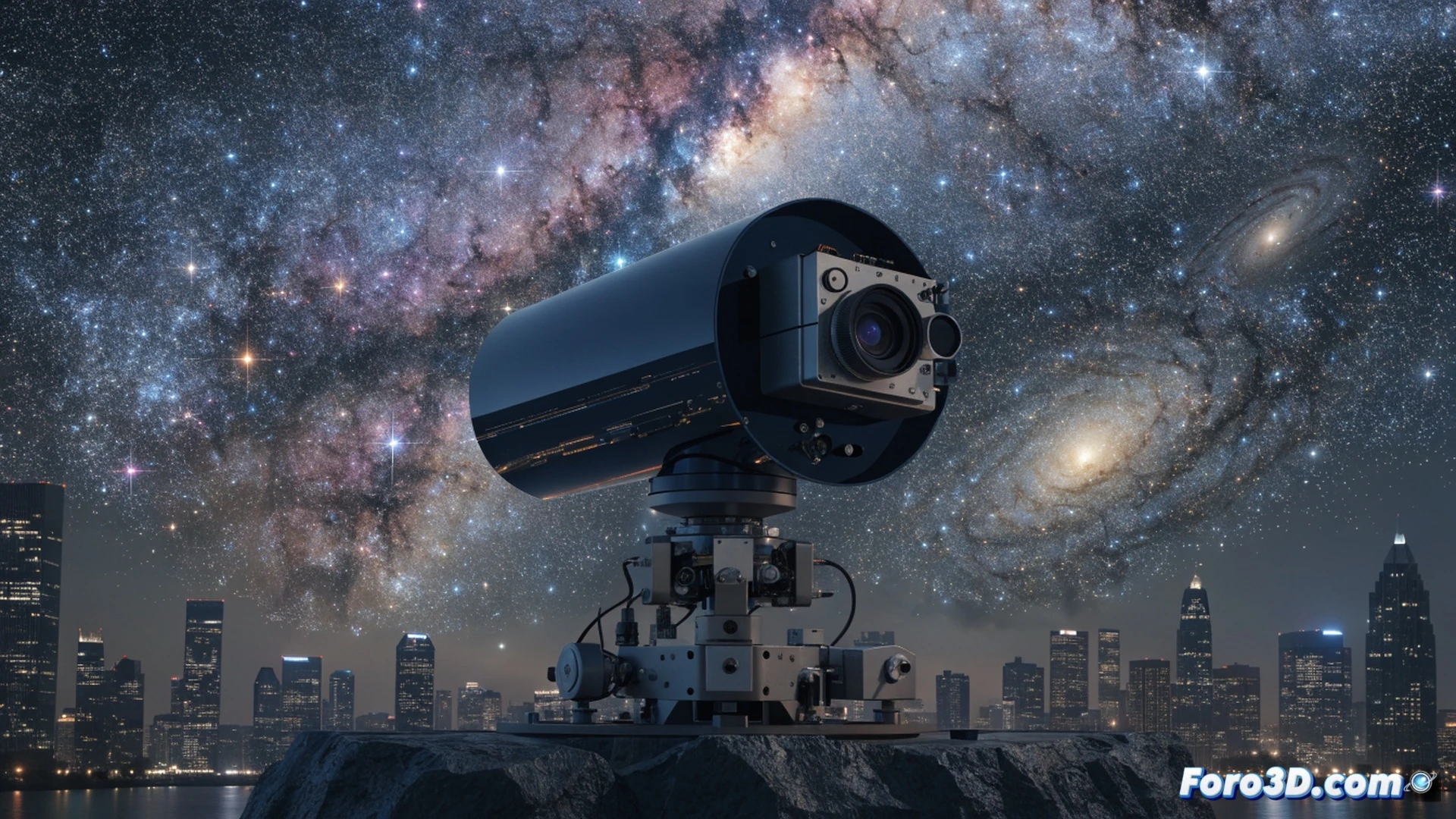 astrophotography setup under dark urban night sky, ArcBlue C42 camera system mounted on tripod, automated guiding process active, glowing LED indicators on the camera body, sensor cooling fan visible, star trails forming as the integrated tracker follows celestial motion, nebulae and galaxy faintly visible through light pollution haze, smartphone connected to camera showing live stacking software interface on screen, user adjusting focus knob, cinematic photorealistic engineering visualization, deep blue sky with orange light pollution gradient, ultra-detailed camera components, carbon fiber tripod legs, dramatic low-key lighting, realistic star field