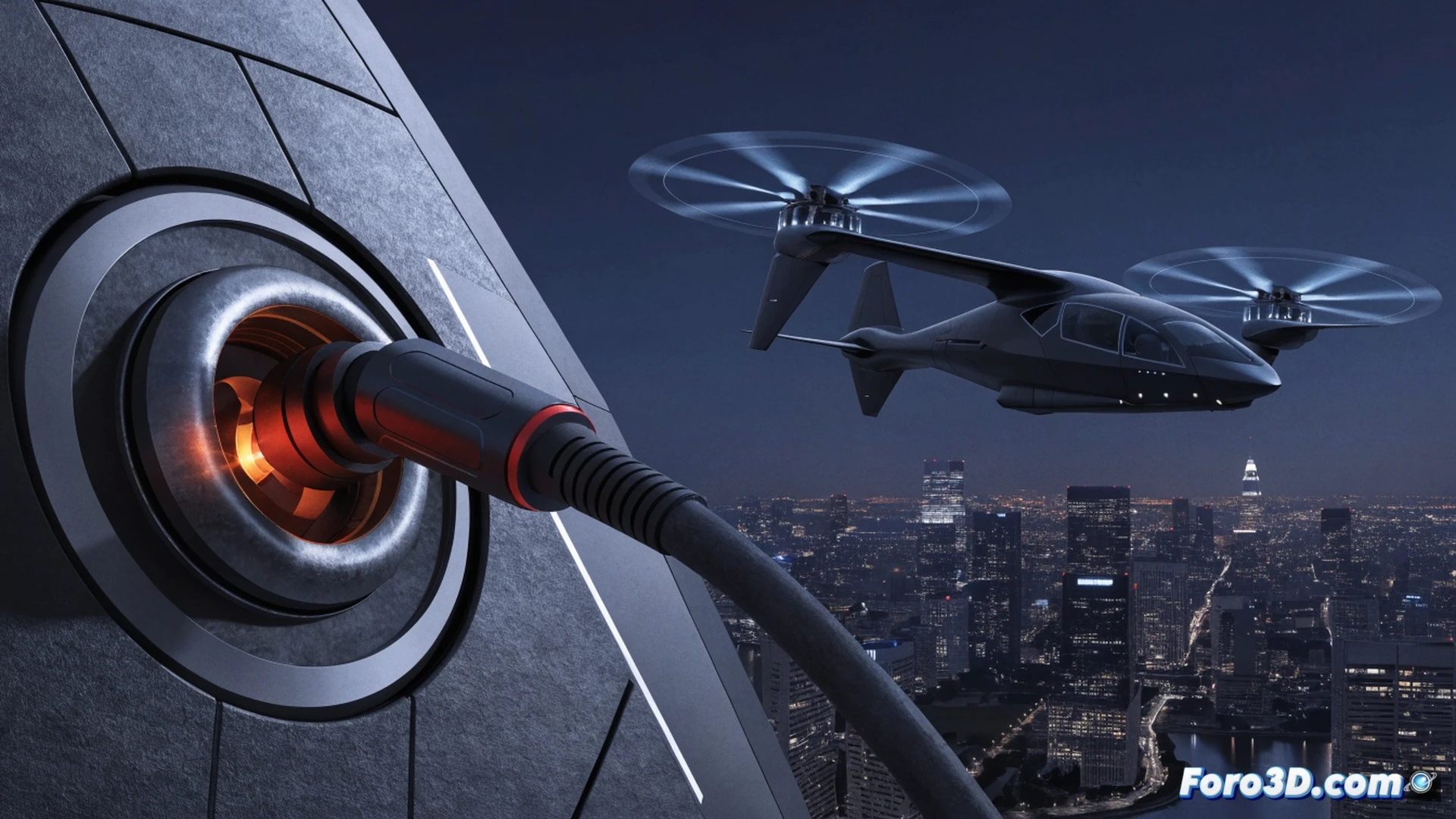 electric vertical takeoff aircraft hovering above a city helipad at dusk, four large propellers spinning with motion blur, battery compartment open on the side showing glowing lithium cells, a technician plugging a high-power charging cable into the aircraft, digital charge indicator displaying rapid energy flow with bright blue arcs, another Midnight aircraft taking off in background against illuminated skyscrapers, photorealistic engineering visualization, metallic fuselage reflecting city lights, ultra-detailed rotor blades and landing gear, cinematic industrial lighting, crisp shadows and reflections