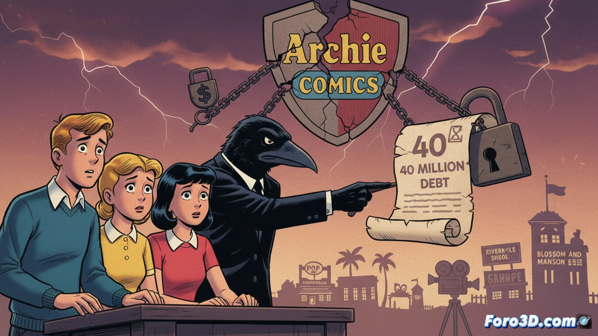Archie comic book office interior, financial documents scattered across desk, stack of hundred-dollar bills tied with rubber band next to a laptop showing a loan agreement interface, a gavel poised mid-air above a contract reading asset liquidation, framed drawing of Archie and Betty on wall tilting slightly, cinematic photorealistic visualization, warm overhead lamp casting shadows, dust particles in light beam, tense atmosphere, metallic briefcase open on floor, technical illustration style, hyper-detailed textures on paper and wood grain