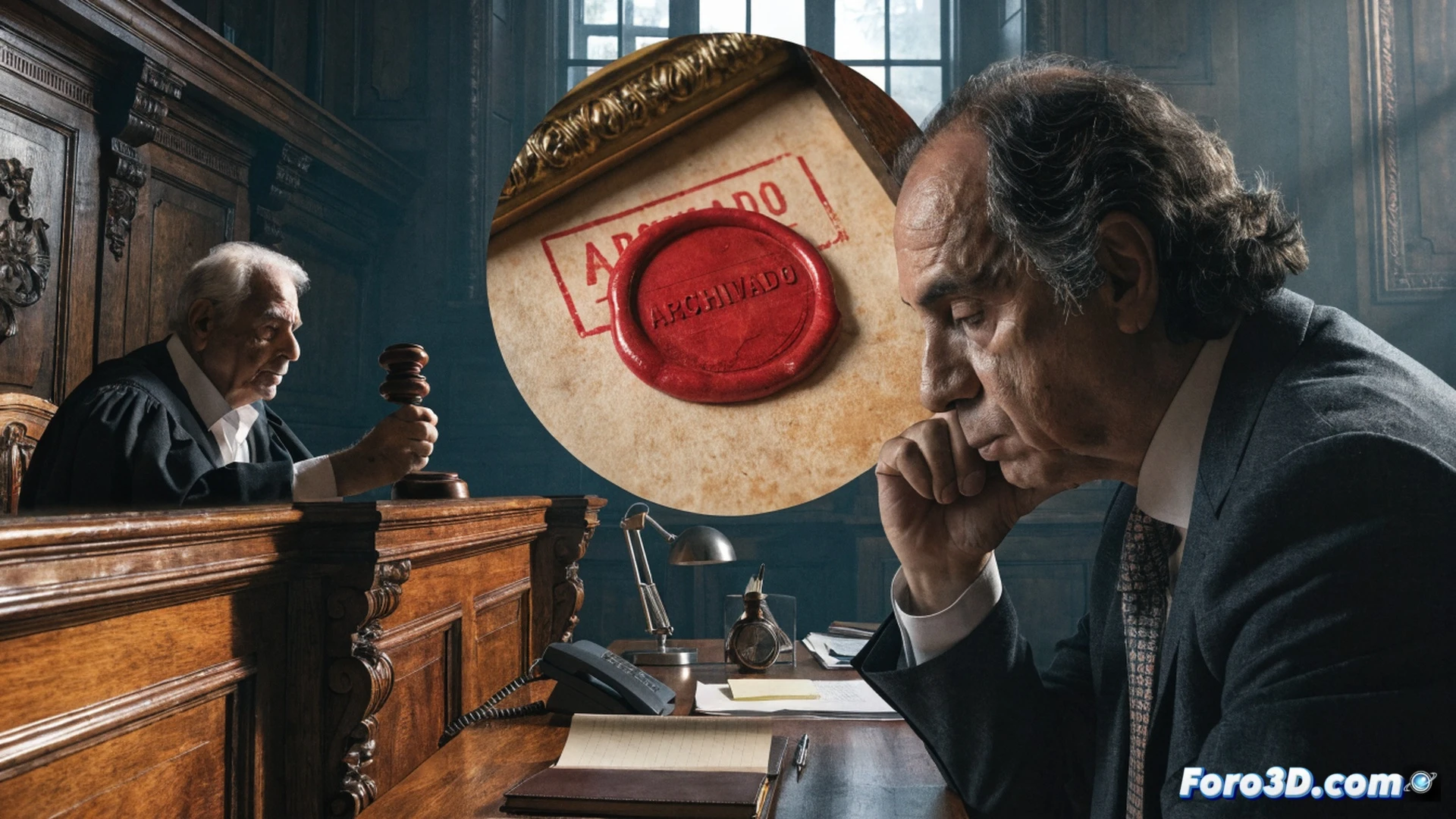 Photorealistic courtroom scene showing a judge's gavel resting on a stack of legal documents with a red closed case stamp, a blurred figure of a mayor in a suit standing behind a glass partition, while a television screen displays a salary discrepancy chart with overlapping public and private sector income lines, technical legal documents with compatibility clauses visible on a lawyer's tablet, dramatic overhead lighting casting long shadows on the wooden bench, ultra-detailed textures of paper and leather, cinematic depth of field emphasizing the closed file folder, engineering visualization style with precise geometric alignment of legal forms