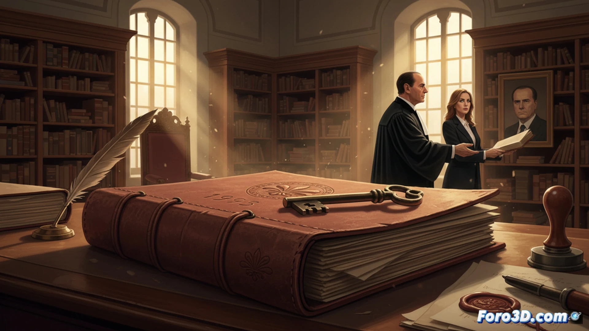 Italian courtroom scene, judge sealing a thick case file labeled 1993 mafia attacks, Marcello Dell Utri and Silvio Berlusconi portraits fading into background shadows, Marina Berlusconi placing a hand on a stack of legal documents, Cosa Nostra evidence boxes being carried away by clerks, photorealistic technical illustration, dramatic chiaroscuro lighting, marble columns and wooden benches, dust motes in sunlight, worn leather legal binders, brass scales of justice tilted, ultra-detailed textures, cinematic composition