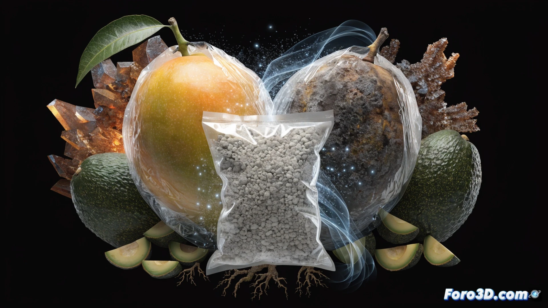 Aguacates y mangos dentro de cajas de cartón abiertas durante el transporte, pequeñas bolsitas de arcilla gris colocadas entre las frutas absorbiendo gas etileno invisible, cajas apiladas en un contenedor refrigerado con luz azul tenue, proceso de maduración detenido visible en la textura firme de la fruta, mostrando la arcilla modificada como un material granular dentro de bolsas de tela porosa, ingeniería de embalaje sostenible, estilo cinematográfico fotorrealista, iluminación industrial suave, detalles hiperrealistas de la superficie de la fruta y la arcilla, sin texto ni números