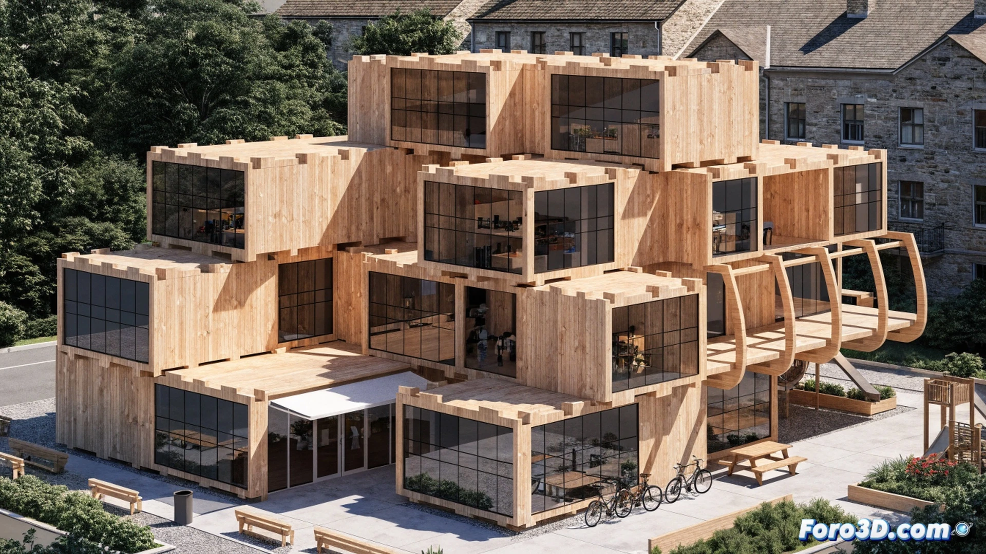 construction site assembling modular wooden kindergarten blocks like giant Lego pieces, workers guiding crane-lifted prefabricated timber modules into place, exposed cross-laminated timber panels and steel connectors, summer sunlight casting sharp shadows on unfinished structure, technical illustration style, photorealistic architectural render, crane cable tension visible, modules labeled with assembly marks, safety helmets and harnesses on workers, stacked spare modules on flatbed truck, dramatic wide-angle perspective emphasizing modular repetition, industrial construction lighting