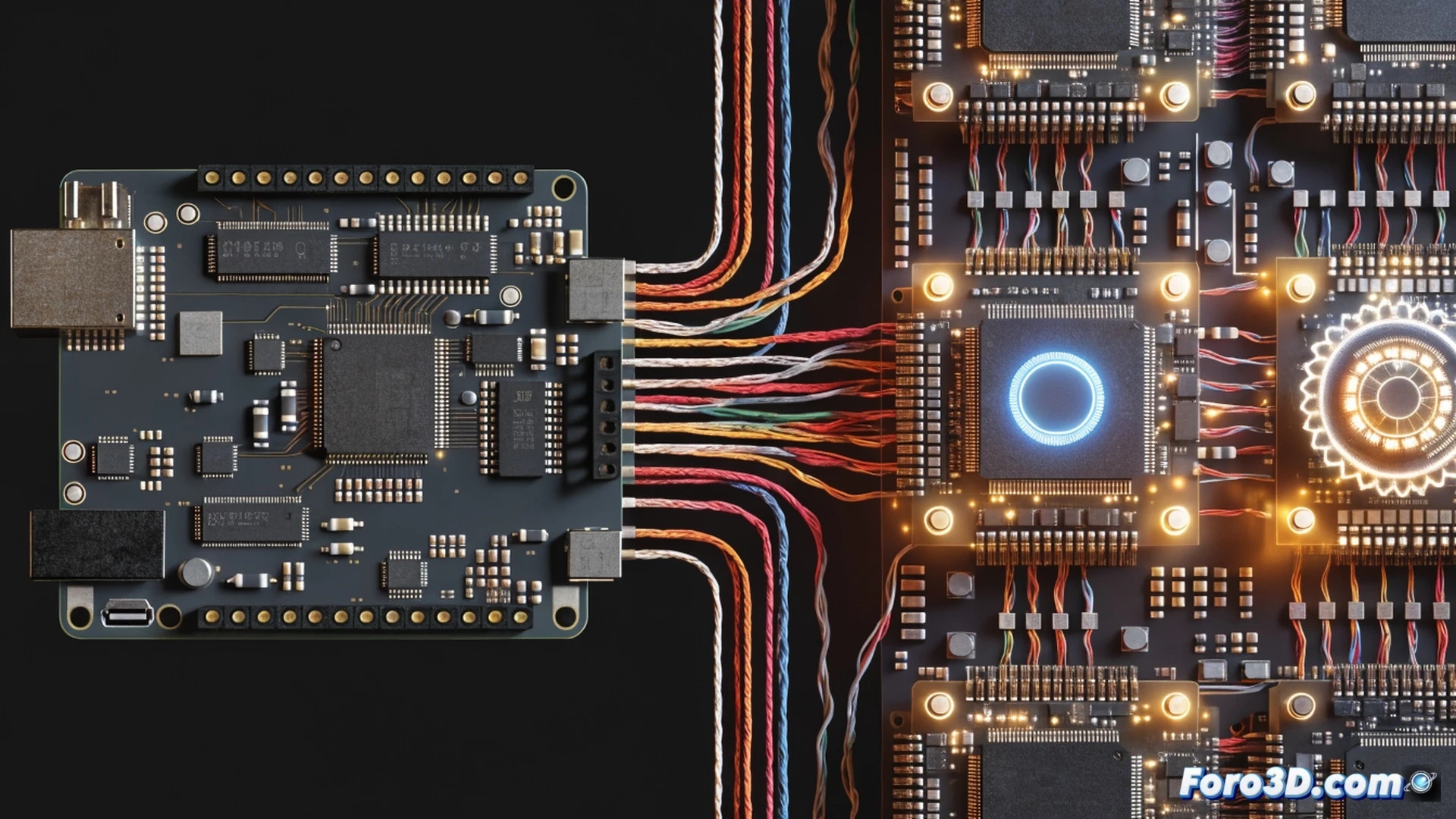 Arduino Uno Q board with 2GB and 4GB RAM modules being assembled on a production line, robotic arms placing memory chips while a glowing AI brain hologram floats above, price tags flipping from 44 to 59 and 59 to 79 dollars, a student holding a wallet looking frustrated, circuit traces pulsing with red warning lights, engineering visualization style, photorealistic technical render, dramatic industrial lighting, macro lens focus on memory components, metallic surfaces reflecting amber glow, detailed PCB texture, cinematic depth of field