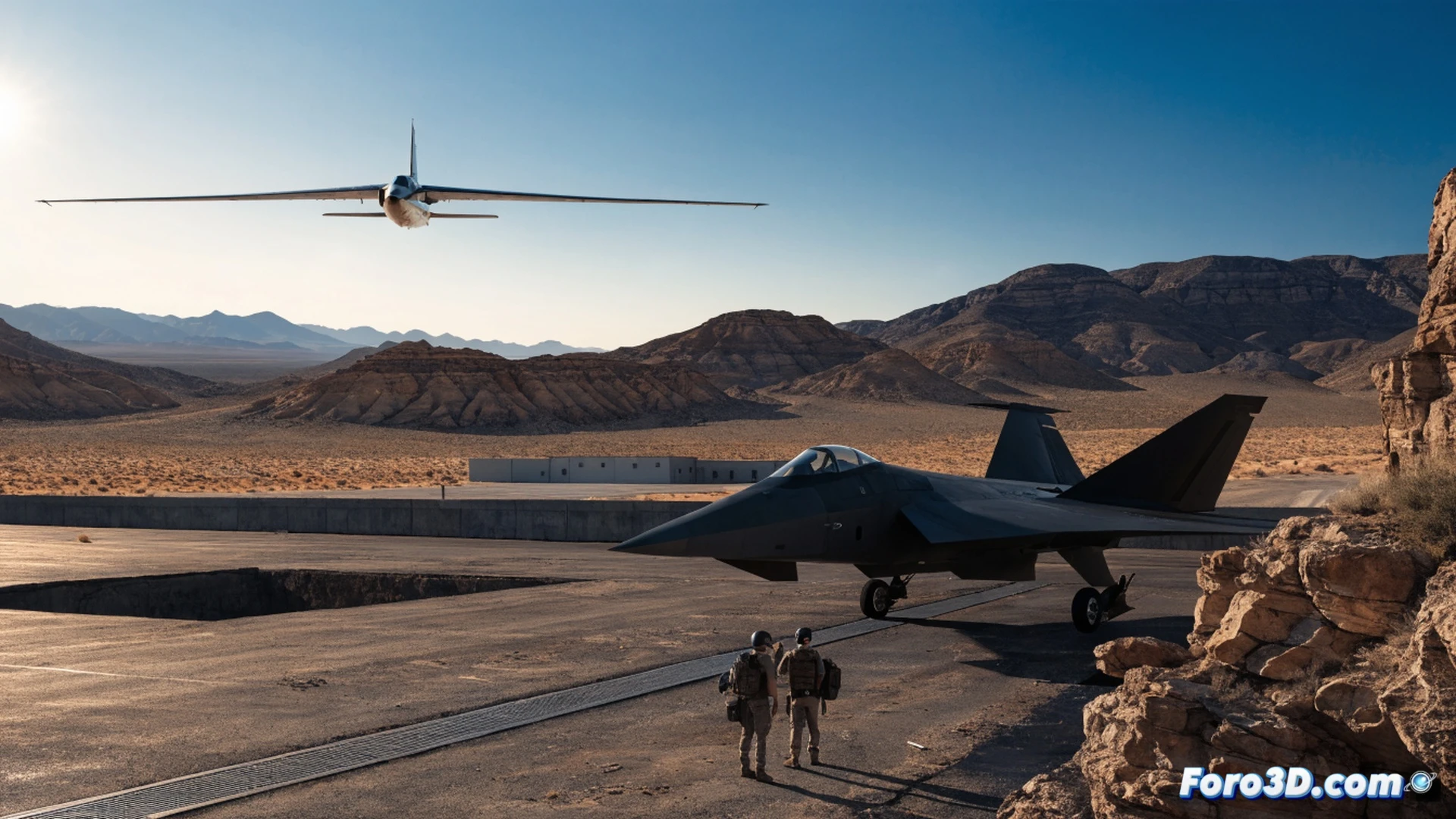 Especialistas militares revisando un avión furtivo F-117 en un hangar desértico, técnicos inspeccionando paneles de radar y sistemas de sigilo bajo luces halógenas, fondo de dunas y cielo nocturno estrellado, proceso de mantenimiento clasificado durante la Guerra Fría, estilo cinematográfico técnico, superficies metálicas angulares, sombras duras, polvo suspendido en el aire, herramientas de ingeniería dispersas, ambiente de secretismo industrial, iluminación dramática, render fotorrealista.