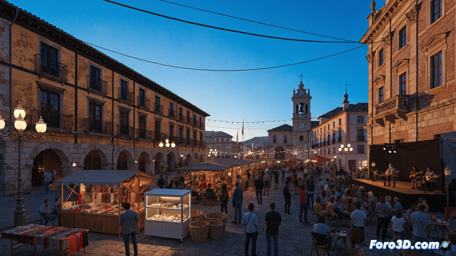 Feria de muestras al aire libre en Argamasilla de Calatrava, más de 40 expositores con toldos blancos instalados en plaza del municipio, artesanos locales demostrando tallado de madera y forja en vivo, familias recorriendo puestos mientras sostienen productos regionales, durante las Jornadas Rabaneras un agricultor muestra rábanos frescos sobre mostrador de madera, escena diurna soleada con banderines decorativos, photorealistic technical illustration, profundidad de campo amplia, alta definición de texturas en telas y herramientas, iluminación natural suave, estilo documental de feria tradicional