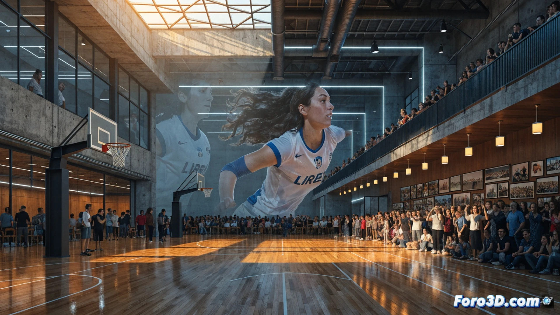 photorealistic cinematic scene showing a municipal sports center entrance with workers installing a new name plaque reading LEIRE ROMAN on the facade, volleyball net visible through glass doors, a female volleyball player mid-spike action inside the court, sunlight reflecting off polished floor, red and blue team jerseys, technical architectural details of the modern building structure, construction tools and ladder nearby during the renaming ceremony preparation, dramatic golden hour lighting, ultra-detailed brick texture and metallic signpost, community pride atmosphere, engineering visualization of the integrated sports complex