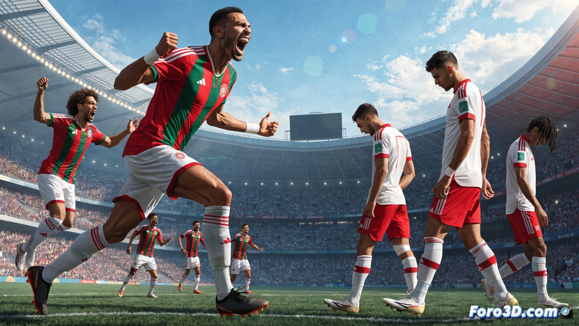 Argelian footballer leaping for a powerful header, ball connecting mid-air above the goal line, Jordanian goalkeeper diving late with outstretched glove, green grass pitch under floodlights, stadium crowd blurred in background, cinematic sports photography style, high-speed freeze-frame action, sweat droplets frozen mid-motion, dramatic rim lighting on players faces, photorealistic technical render, dynamic tension in every muscle, ultra-detailed jersey fabric texture, motion blur on background spectators
