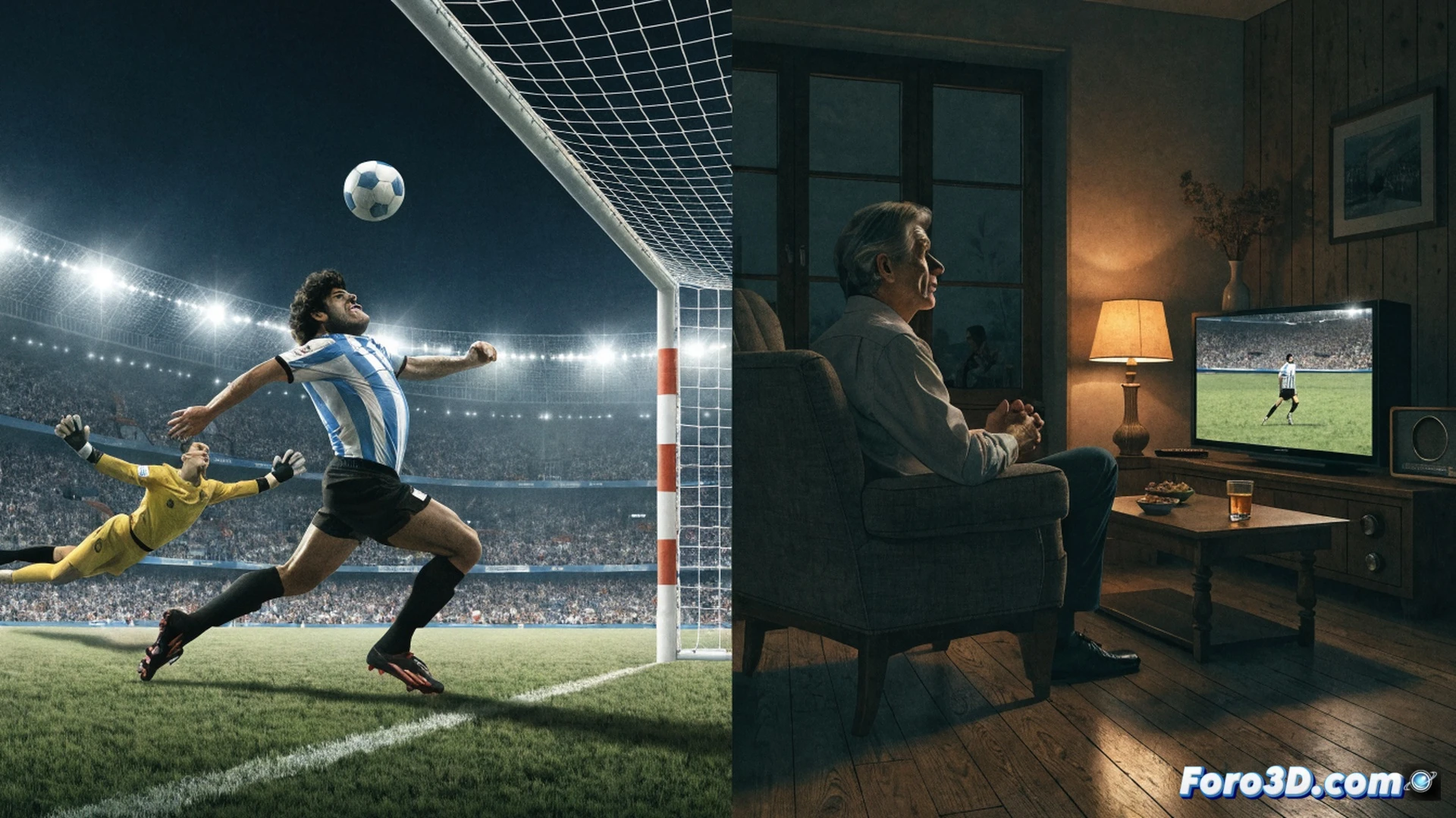 Argentina football stadium during 2026 World Cup match, players in striped jerseys passing ball on grass pitch, crowd holding glowing smartphones showing grainy 1986 goal replay, small vintage TV on bench displaying iconic diagonal run, coach pointing at screen while players watch, blurry holographic figure of Maradona mid-dribble overlapping field, cinematic photorealistic sports visualization, dramatic floodlight beams cutting through evening haze, neon blue and yellow stadium lights reflecting on wet grass, ultra-detailed player expressions, emotional crowd silhouettes, slow-motion ball trajectory, 4k cinematic render