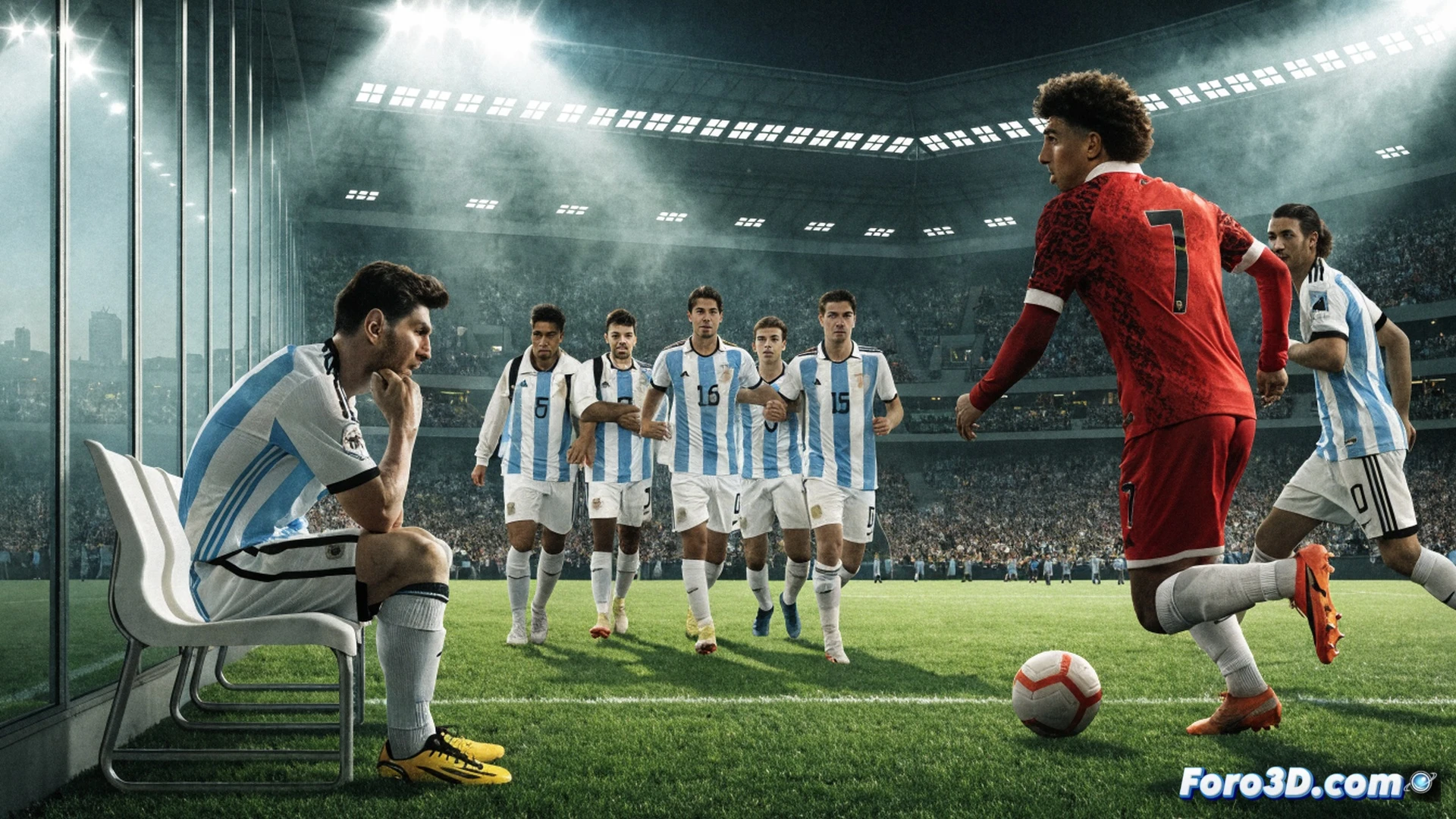 football stadium pitch at night, nine substitute players warming up on sideline while Lionel Messi sits on bench wearing tracksuit, tactical rotation strategy visualization, two repeating players from previous match visible in background, glowing holographic lineup diagram floating above field showing nine player changes, cinematic sports photography style, dramatic floodlight beams cutting through darkness, bench area with medical staff monitoring player recovery, ultra-detailed jersey textures, motion blur on warm-up drills, photorealistic technical render