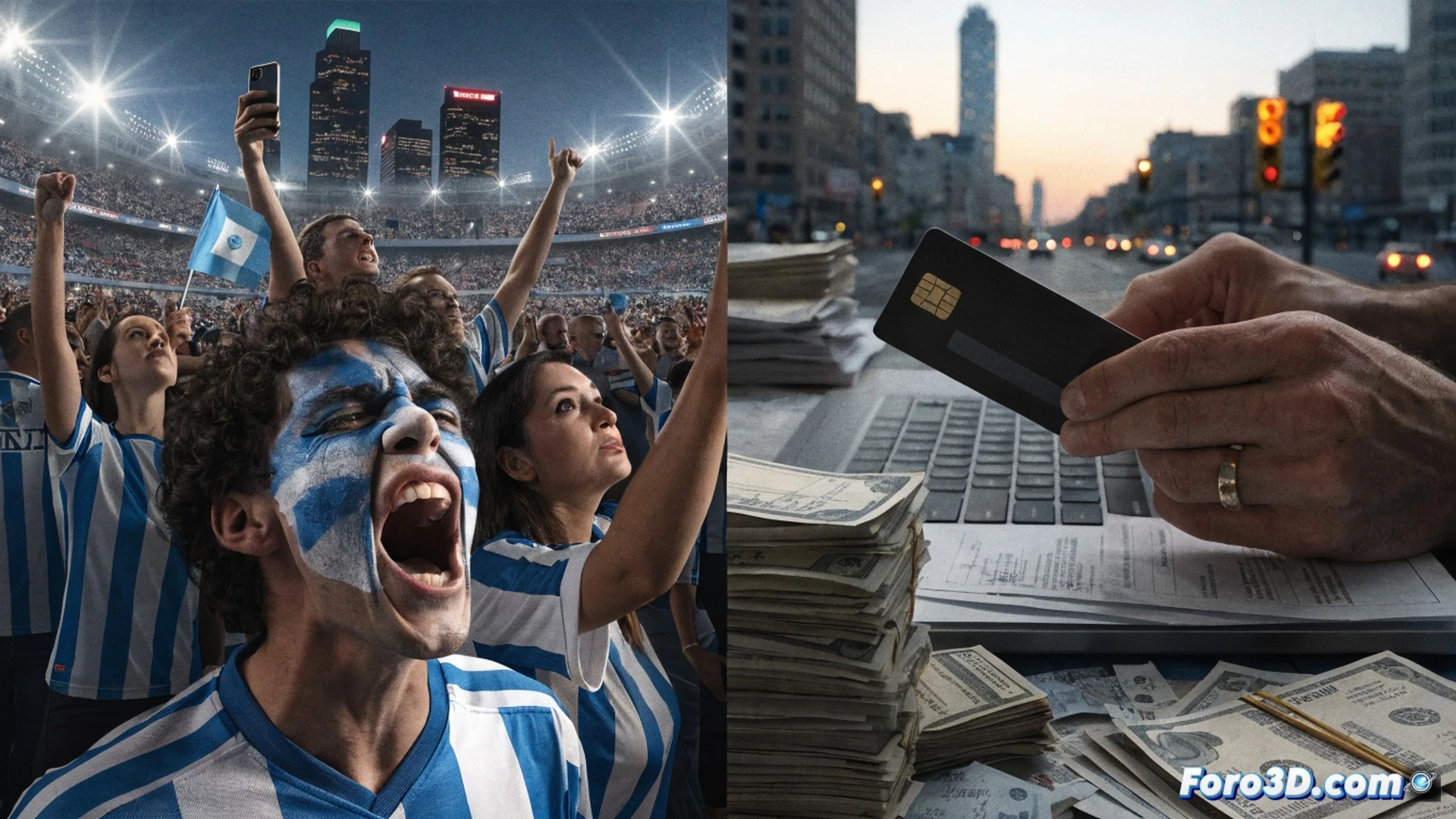 Argentina football team in sky-blue stripes defending against Algeria green jerseys during a World Cup match on a Kansas City stadium pitch, a massive torn peso note floats above the field while sewing needles and threads drift upward from empty textile factory looms, fans in stands holding worn leather wallets with holes, dramatic stadium floodlights casting long shadows, photorealistic cinematic style, intense action during a corner kick, technical detail on fabric textures and stadium architecture, emotional contrast between sport celebration and economic decay