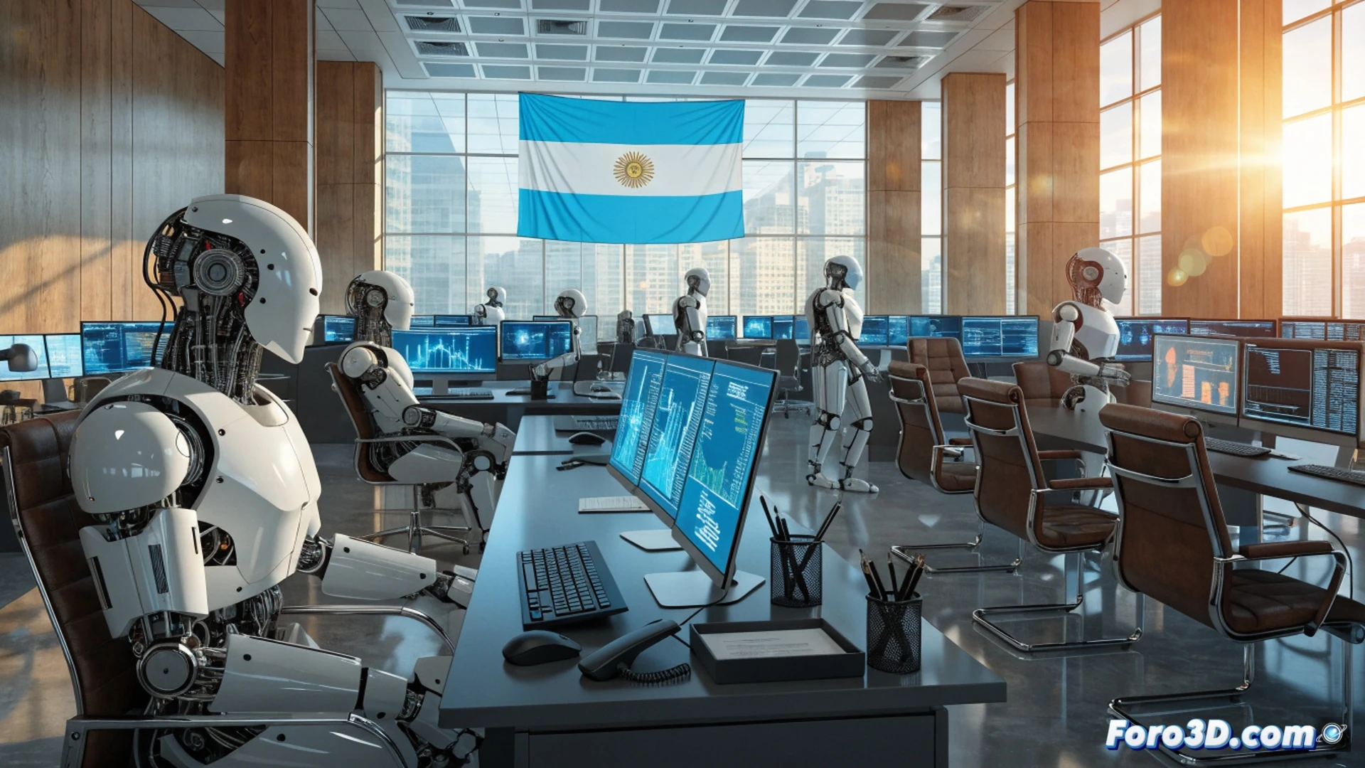 Futuristic office scene showing an empty boardroom table with holographic AI interfaces floating mid-air, no human figures present, automated trading algorithms displayed on transparent screens, robotic arms processing paperwork while legal documents pile up with a glowing question mark symbol over them, server racks with blinking LED lights in background, minimalist corporate architecture with cold blue lighting, sleek metallic surfaces reflecting data streams, cinematic photorealistic engineering visualization, dramatic shadows emphasizing absence of human oversight, ultra-detailed circuit board textures visible through glass floors