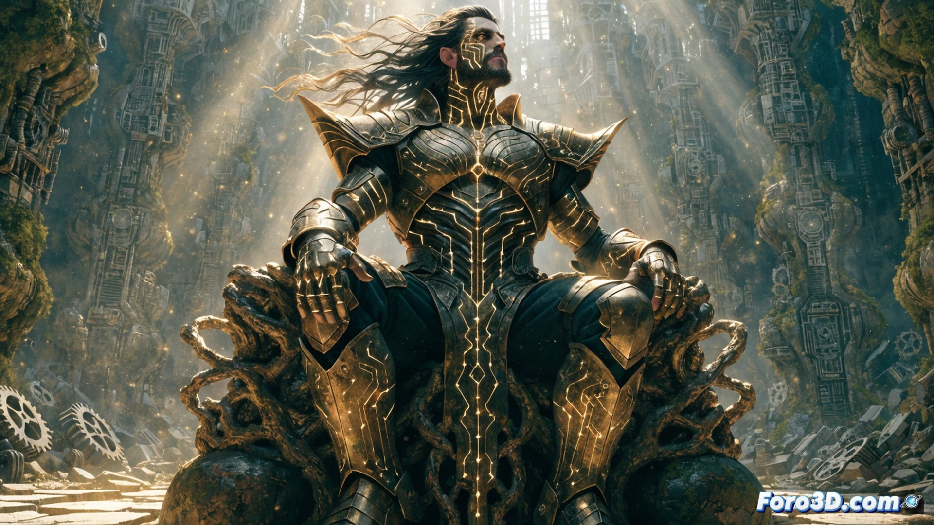 ancient Atlantean wizard Arion casting a glowing blue energy spell from his hands while standing on a submerged stone platform, arcane symbols floating around him, broken Atlantean technological pillars and crystalline circuits glowing underwater, deep ocean currents swirling with magical energy, cinematic fantasy illustration, dramatic light rays piercing through dark water, photorealistic magical effects, ancient ruins covered in bioluminescent moss, mystical particles drifting through the scene, high contrast lighting, ultra-detailed textures on stone and metal, epic fantasy render