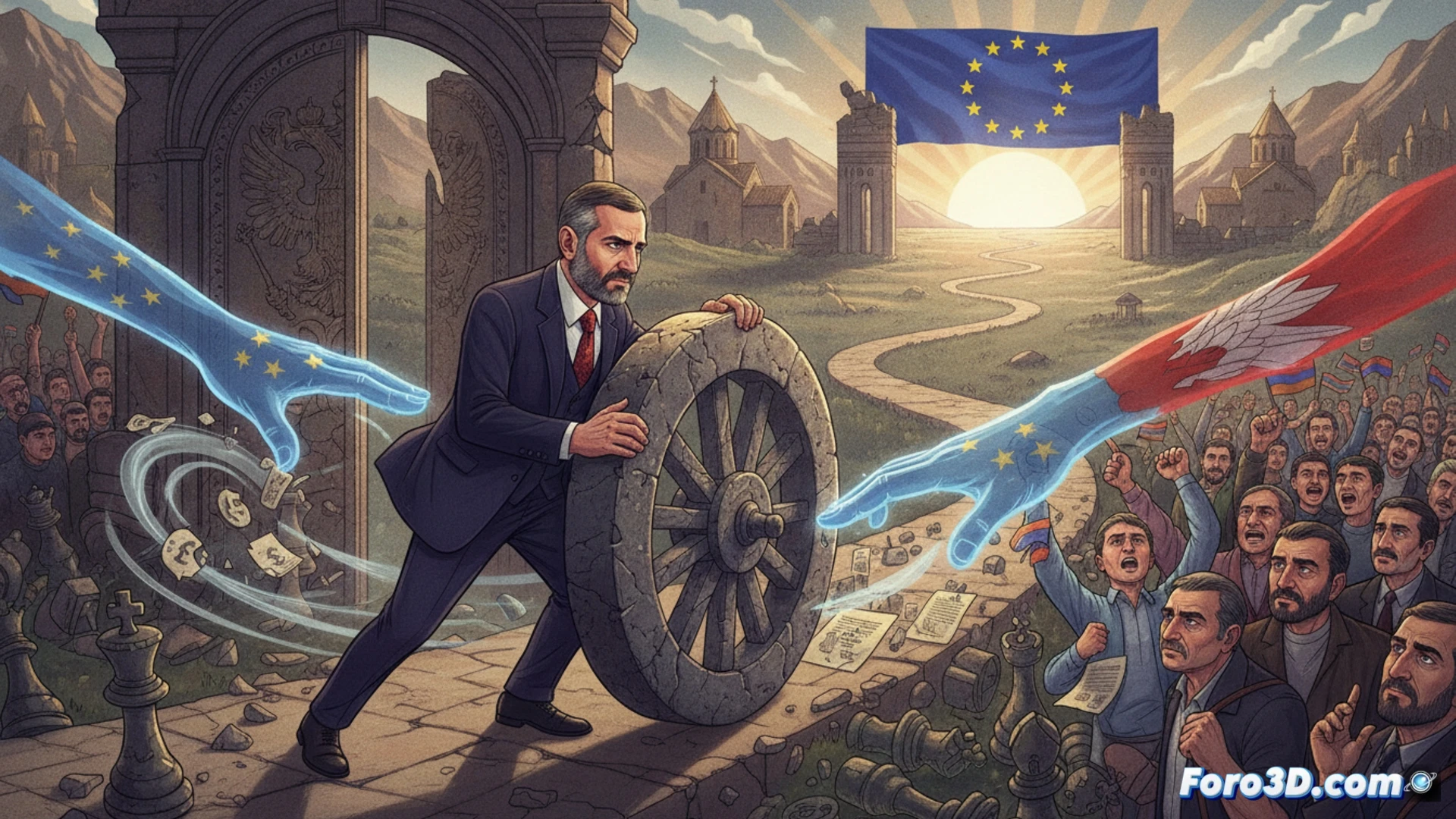 high-angle view of a fractured chessboard representing Armenia, with a European Union flag draped over one side and a faded Russian flag on the other, a silhouette of a voter standing at the center holding a ballot torn in half, while a glowing digital projection of NGO funding charts and media broadcast antennas hovers above the EU side, the opposition side crumbling into dust, photorealistic political illustration, dramatic chiaroscuro lighting, cracked stone texture, cinematic depth of field, hyper-detailed geopolitical symbolism