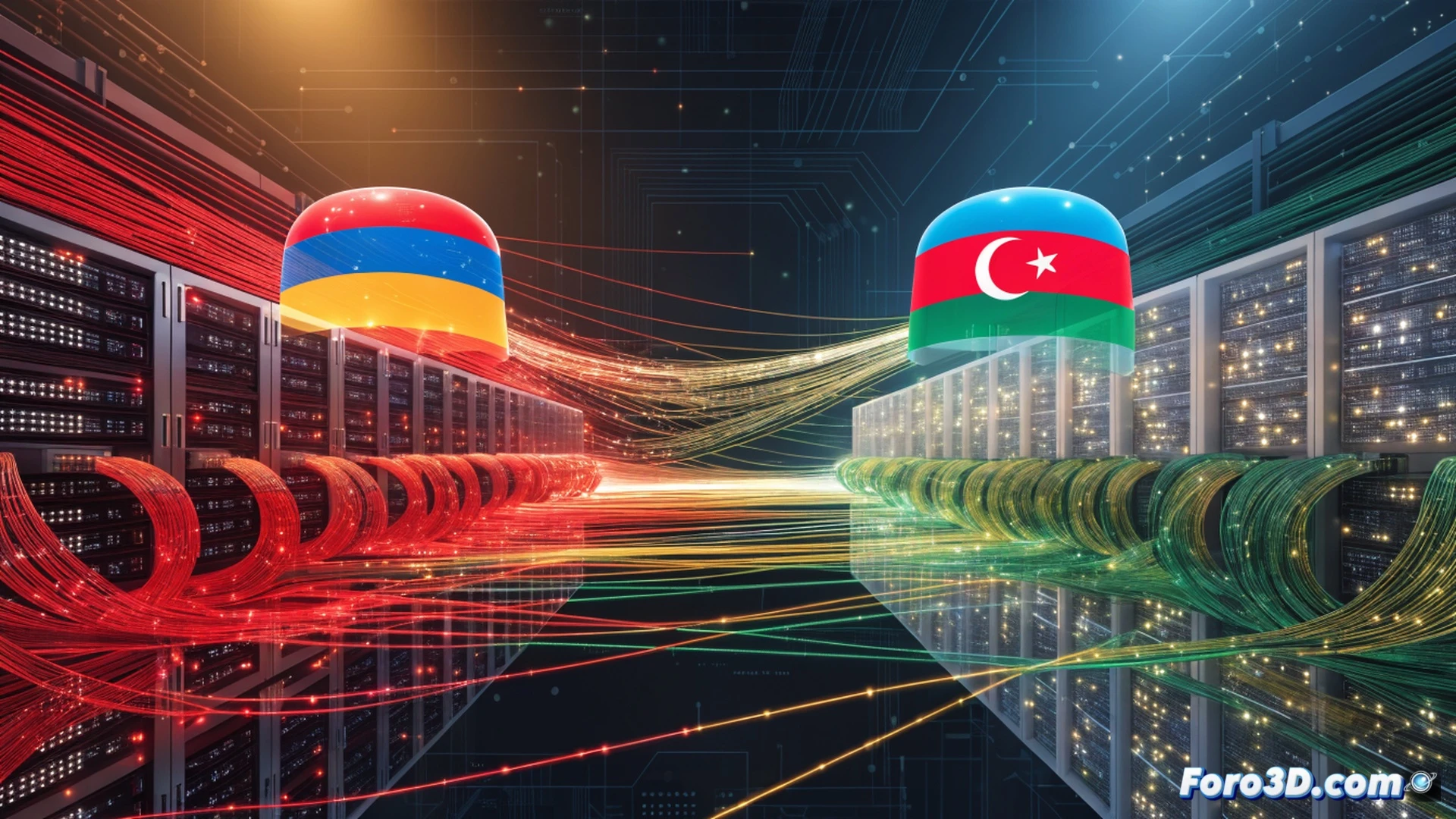 Two fiber optic cables being joined by a technician in a neutral underground data hub, one cable labeled with Armenian colors and the other with Azerbaijani colors, glowing data packets flowing through the newly connected splice point, server racks and network switches visible in the background, hands carefully aligning the glass fibers under a magnifying workstation, blue and orange LED status lights blinking on routers, dust particles illuminated in the cold technical light, photorealistic engineering visualization, crisp metal and plastic textures, focused action of connection process, dramatic industrial atmosphere
