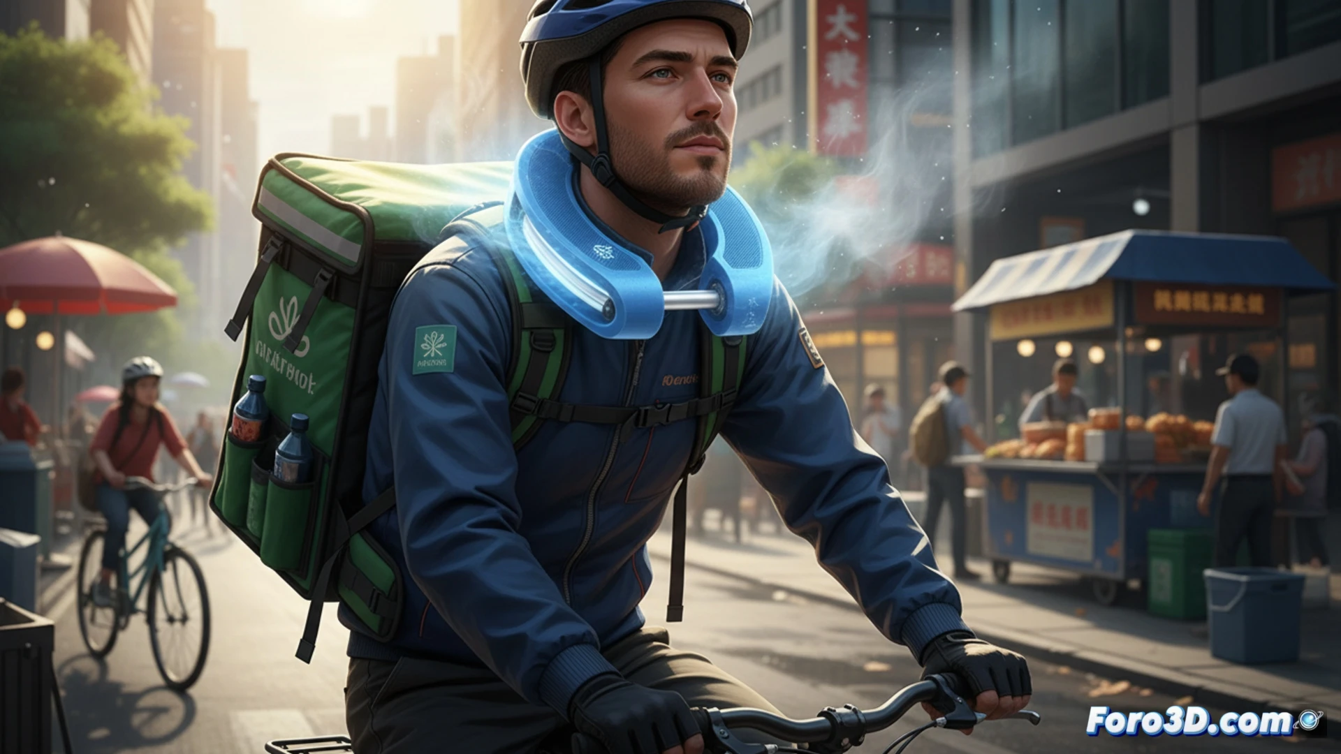 A delivery worker wearing a cooling neck ring shaped like a horseshoe, visible internal channels inside translucent TPU material, a metallic aluminum rod being inserted into the ring before use, action of placing the cold ring around the neck while sweat evaporates from skin, technical engineering visualization, photorealistic industrial render, macro close-up of the cooling mechanism, soft blue glow from refrigerated metal, dry surface with no dripping water, dramatic midday sunlight casting sharp shadows, ultra-detailed plastic texture and metallic reflection, cinematic product demonstration