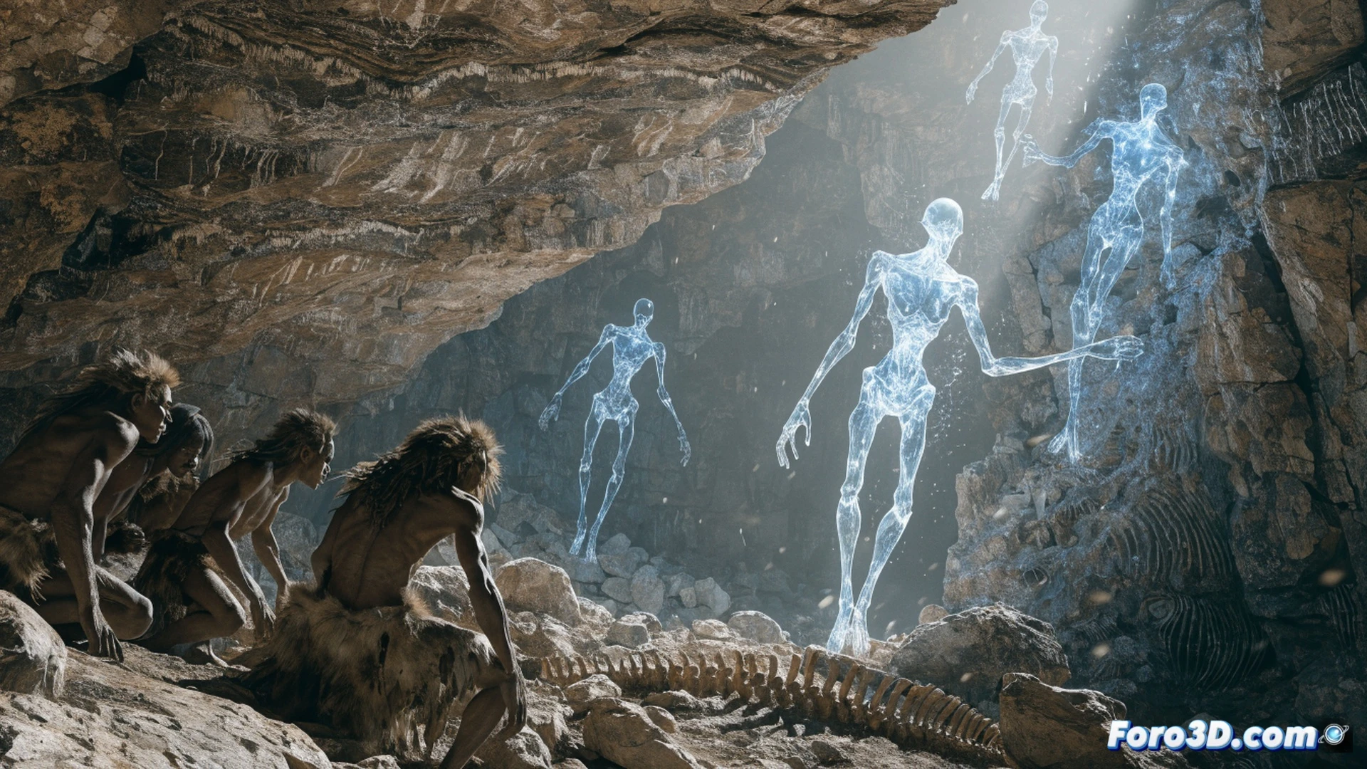 Ancient stone hand-axe embedded in a deep geological strata layer, robotic excavation arm with laser scanning tool revealing the artifact, fossilized human skull fragment nearby, holographic projection showing anomalous carbon dating data floating above, dramatic underground cave lighting, dust particles illuminated by harsh work lights, photorealistic archaeological dig scene, mechanical drill rig in background, cross-section of rock layers showing timeline disruption, cinematic technical illustration, ultra-detailed sediment textures, shadowed crevices, glowing measurement grid overlay