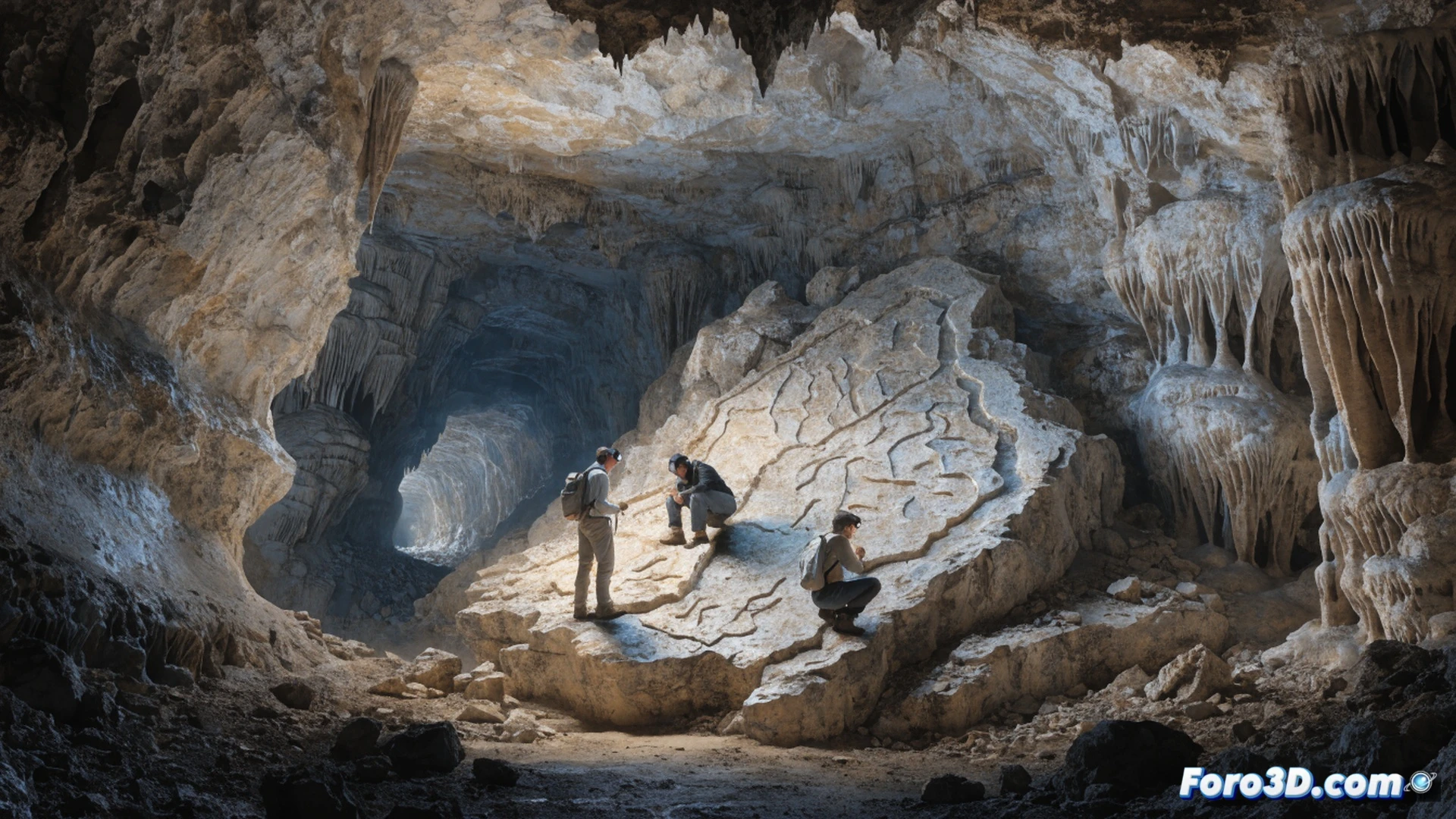 Stone tablet with carved river valleys and hills being illuminated by handheld UV light, archaeologists in protective gloves pointing at engraved topographic lines, portable 3D scanner capturing the surface details, technical archaeological photography setup with macro lens and scale markers, cinematic documentary style, dramatic side lighting revealing texture depth, photorealistic stone surface with natural cracks and mineral deposits, dark cave background with subtle atmospheric haze