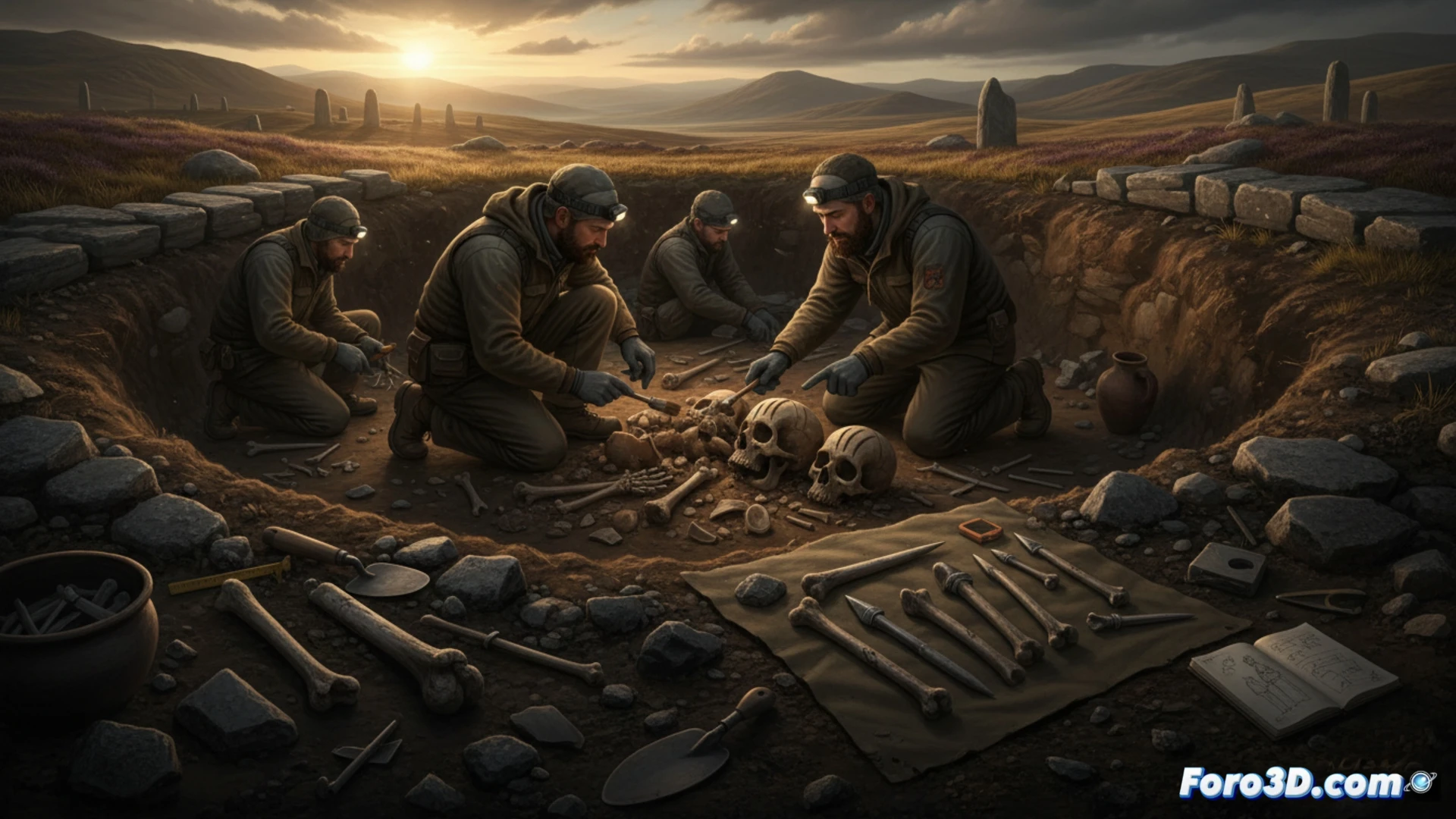 Archaeological excavation in a Scottish Iron Age burial site, two archaeologists carefully brushing sediment from a human skull with deep scrape marks inside, nearby a set of sharpened limb bones, technical forensic lighting casting dramatic shadows, photorealistic archaeological documentation style, demonstrating the ritual extraction process, soil layers and stone tools visible in the trench, ultra-detailed bone texture, cold overcast outdoor lighting, historical reconstruction accuracy