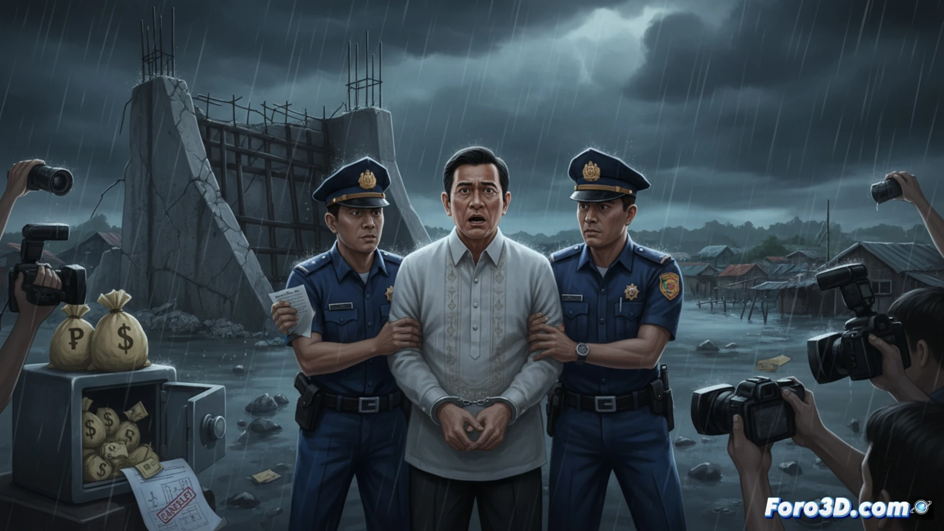 Abandoned flood control construction site in monsoon rain, rusted steel retaining wall collapsing into mud, concrete drainage canal cracked and overgrown with weeds, muddy floodwater rising against incomplete barrier, distant blurred silhouette of handcuffed senator being led away by police, dramatic storm clouds, cinematic photorealistic engineering visualization, water flowing through broken infrastructure, corroded rebar exposed, ultra-detailed concrete texture, dark gloomy atmosphere, high contrast lighting, wide angle architectural ruin