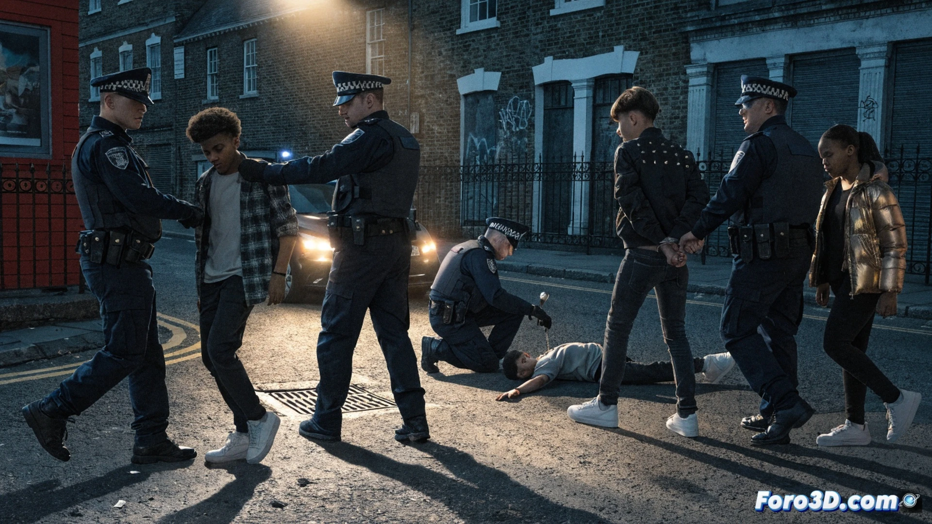 three teenage silhouettes in hoodies being handcuffed by London police officers at night in Battersea street, forensic officers in white suits examining a knife on the pavement under yellow crime scene tape, a mobile phone lying near a pool of blood, police van with blue flashing lights illuminating the scene, officers taking witness statements from a young woman under a streetlamp, cinematic photorealistic crime scene documentation style, dramatic chiaroscuro lighting, rain-slicked asphalt reflecting emergency lights, ultra-detailed police equipment and uniforms, forensic evidence markers visible on ground