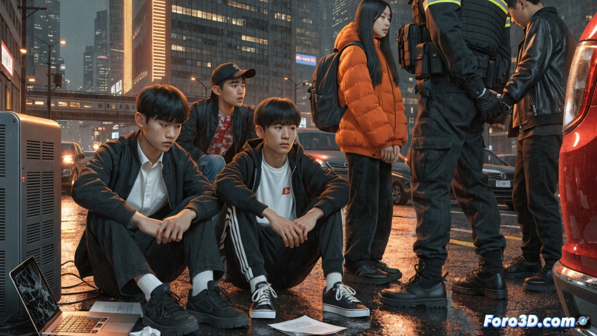cinco adolescentes japoneses en un cibercafé de Tokio, rodeados de pantallas de ordenador con interfaces de ChatGPT abiertas, uno de ellos escribiendo un prompt mientras otro muestra un teléfono móvil con una calculadora de yenes, en el fondo se ve un mapa digital de Tokio con rutas de transporte, estilo cinematográfico oscuro, iluminación de neón azul y rojo reflejándose en los rostros, teclados retroiluminados, cables USB visibles, atmósfera de vigilancia tecnológica, fotorealismo detallado con texturas de plástico y metal