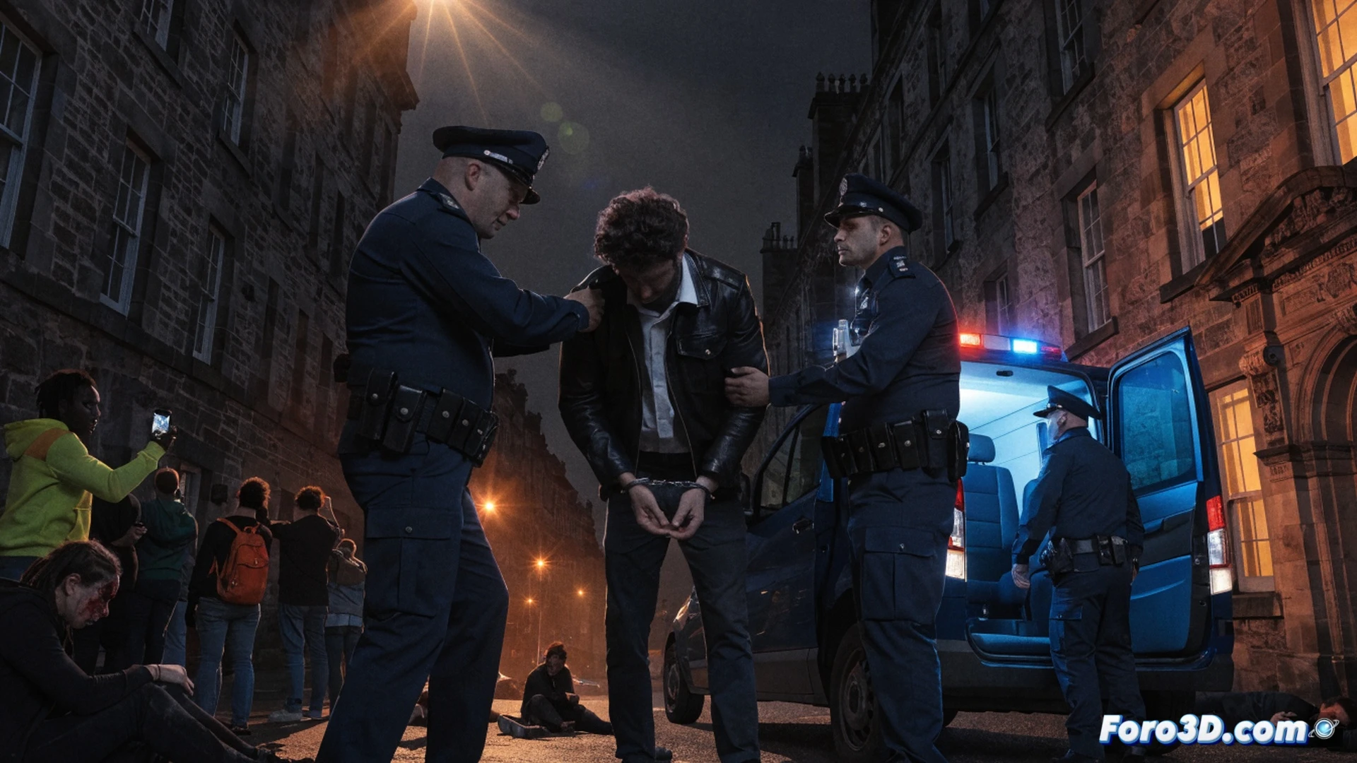 Edinburgh street scene at night, police officers restraining a man while forensic team examines broken glass and scattered debris near a shop window, five injured people being tended by paramedics on pavement, security cameras visible on building corners, blue police lights reflecting on wet asphalt, photorealistic cinematic style, dramatic chiaroscuro lighting, ultra-detailed textures of uniforms and emergency vehicles, tense action moment showing law enforcement response, technical illustration of public safety operation.