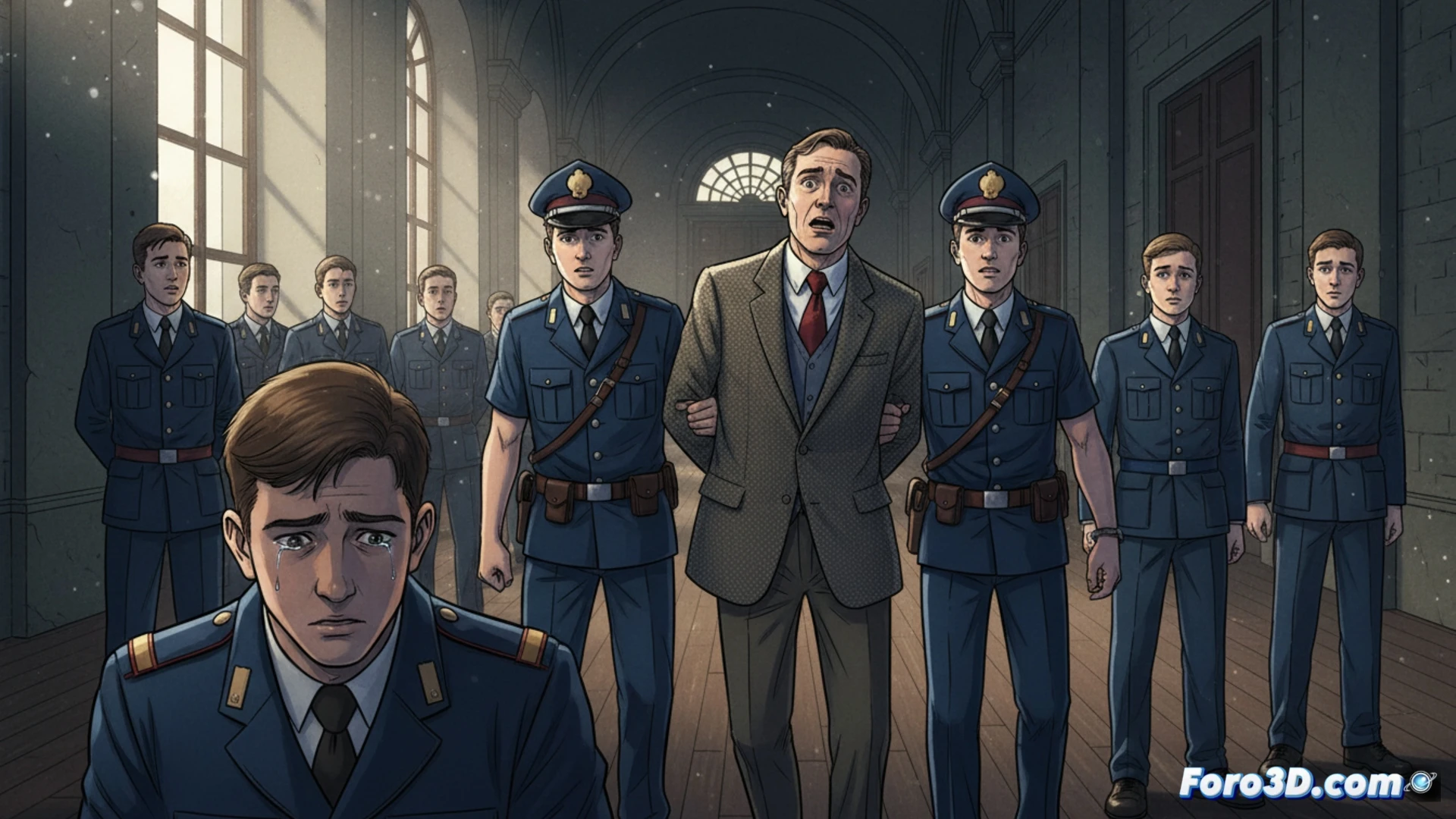 military school classroom interior, a broken surveillance camera dangling from the ceiling with exposed wires, a teacher's desk with scattered disciplinary report files and a cracked whistle, students in uniform sitting rigidly with fearful expressions while a shadowy figure looms over them, hands gripping a wooden ruler, the institutional clock on the wall showing hands frozen at a specific time, cinematic photorealistic technical illustration, cold fluorescent lighting casting harsh shadows, peeling paint on walls revealing institutional neglect, security badge lying on the floor with red stamp reading REVOKED, ultra-detailed textures of metal lockers and worn linoleum floor, dramatic tension, high contrast chiaroscuro lighting