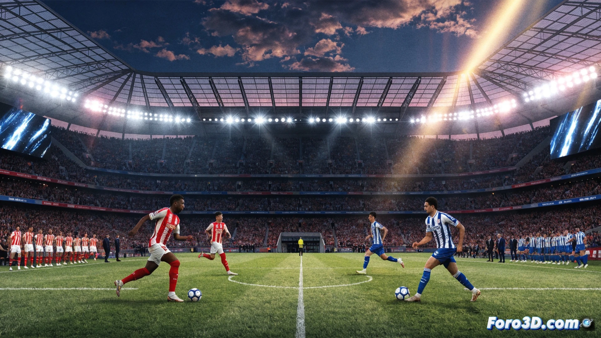 Arsenal stadium pitch during Premier League match, red-shirted player executing a powerful sliding tackle on blue-shirted opponent near the penalty area, ball spinning with visible seams, motion blur on grass blades, stadium crowd blurred in background, photorealistic sports photography style, dramatic floodlight casting long shadows, sweat droplets frozen in mid-air, tension visible in players muscles, ultra-detailed fabric texture on jerseys, dynamic low-angle shot capturing explosive action