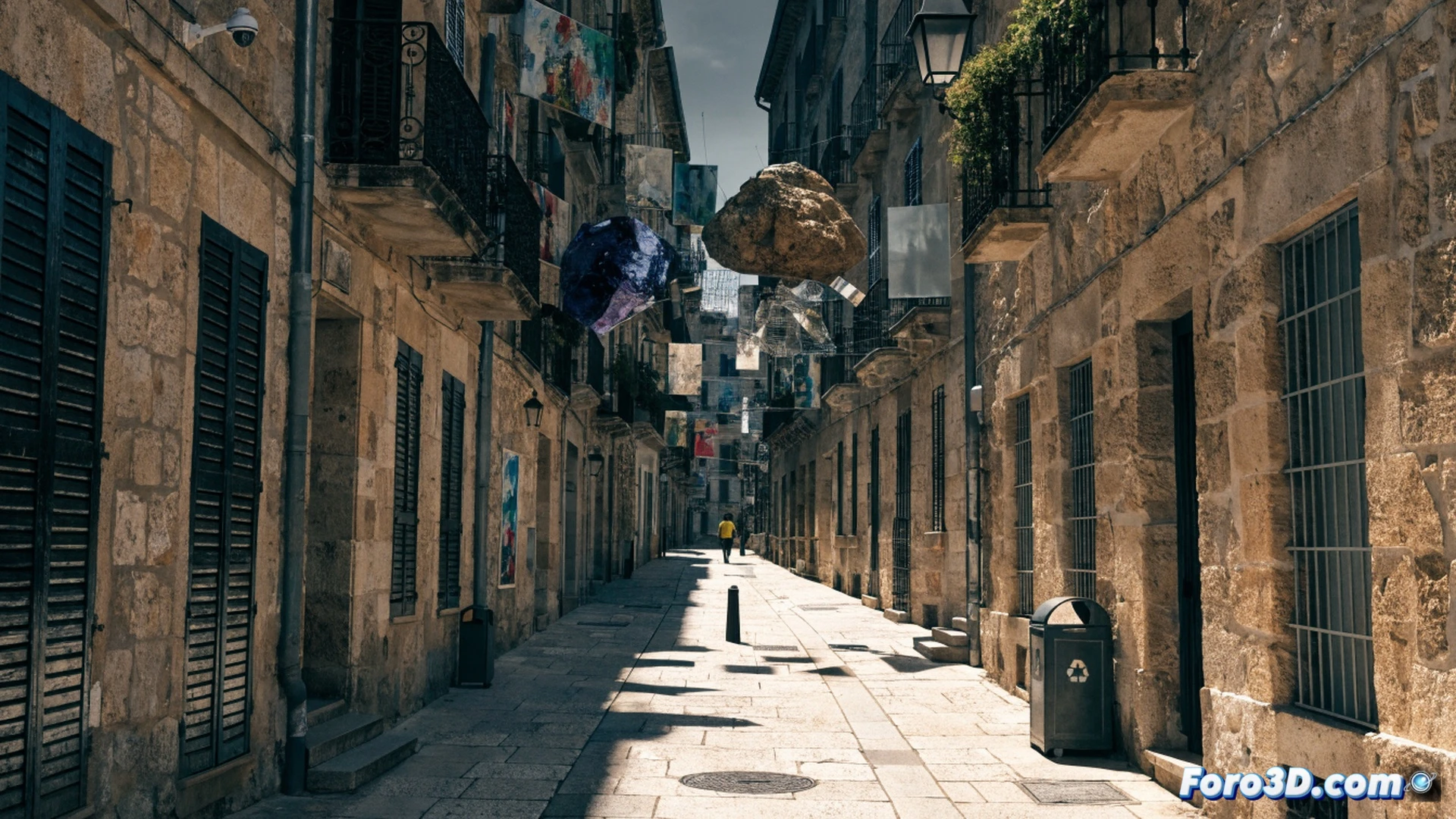 Balconies of Gata de Gorgos historic street, colourful fabric artworks suspended from wrought-iron rails, a gallery owner adjusting a canvas while a tourist points upward, sunlight casting soft shadows on cobblestones, distant scaffolding on Plaça de l’Església under renovation, photorealistic architectural visualization, warm Mediterranean afternoon light, crisp textile textures, dynamic street scene with people walking, cultural open-air exhibition atmosphere, ultra-detailed stone facades and ironwork, cinematic depth of field