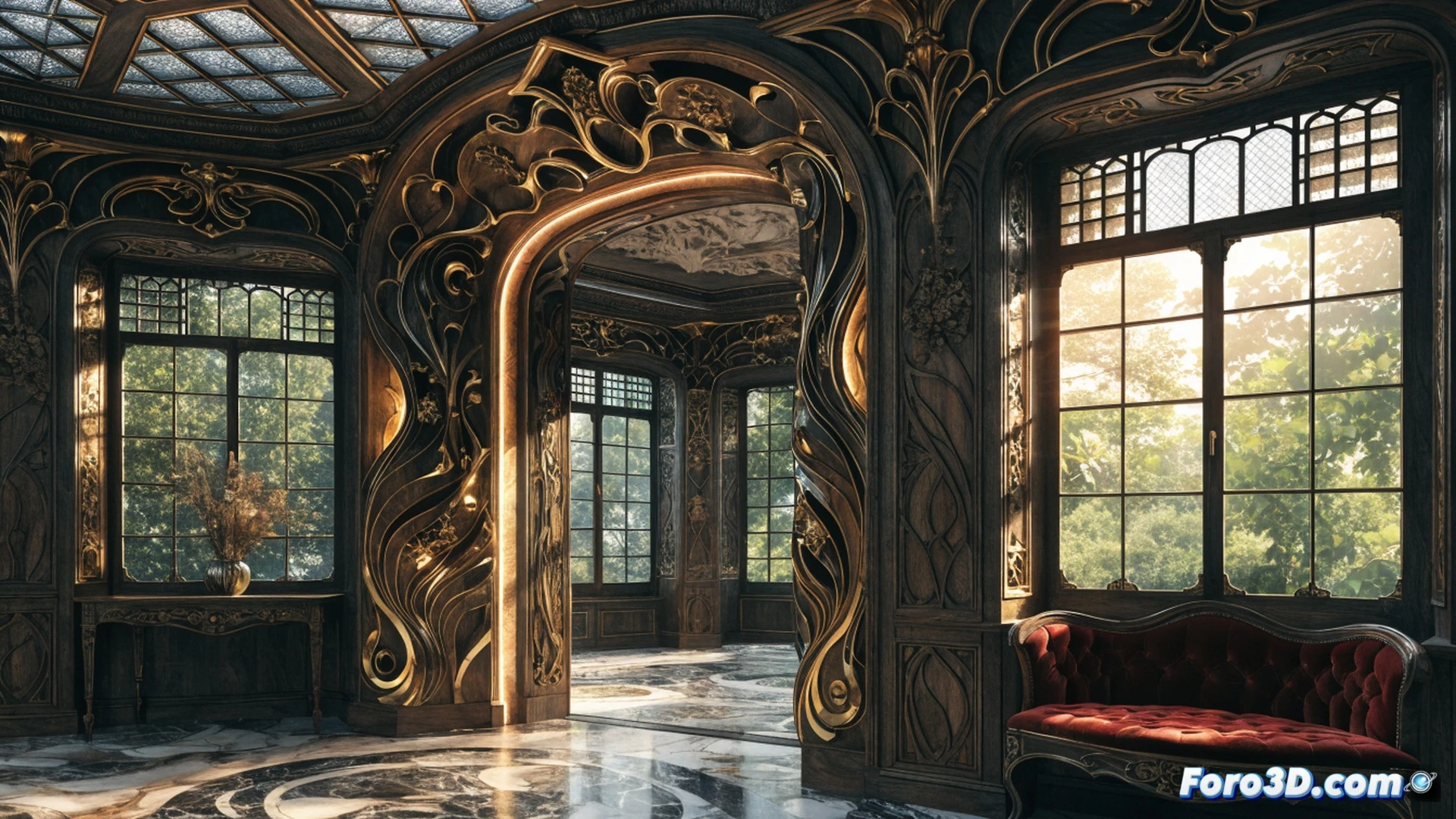 Art nouveau facade of a grand villa being explored by visitors during golden hour, a tour guide pointing at intricate wrought-iron balcony railings while a group examines stained glass windows and floral mosaic details, sunlight casting warm shadows through curved organic archways, cinematic architectural photography style, ultra-detailed stone carvings and decorative ironwork, vintage street lamps glowing softly, cobblestone street reflecting amber light, photorealistic historical scene with Belle Époque elegance