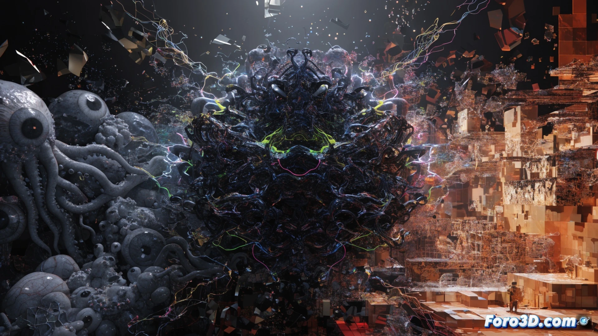 digital sculpture infected by parasitic 3D art, toxic hybrid mesh spreading across a marble statue in a mixed reality gallery, viewer wearing AR headset while reaching to touch the distortion, glowing green tendrils penetrating the sculpture surface, corrupted polygons bleeding into the real environment, cinematic technical illustration, photorealistic render, dramatic side lighting, volumetric fog, hyperdetailed texture of cracked stone merging with digital wireframe, motion blur on the viewer hand, high contrast between organic and digital materials, ultra-sharp focus on infection boundary