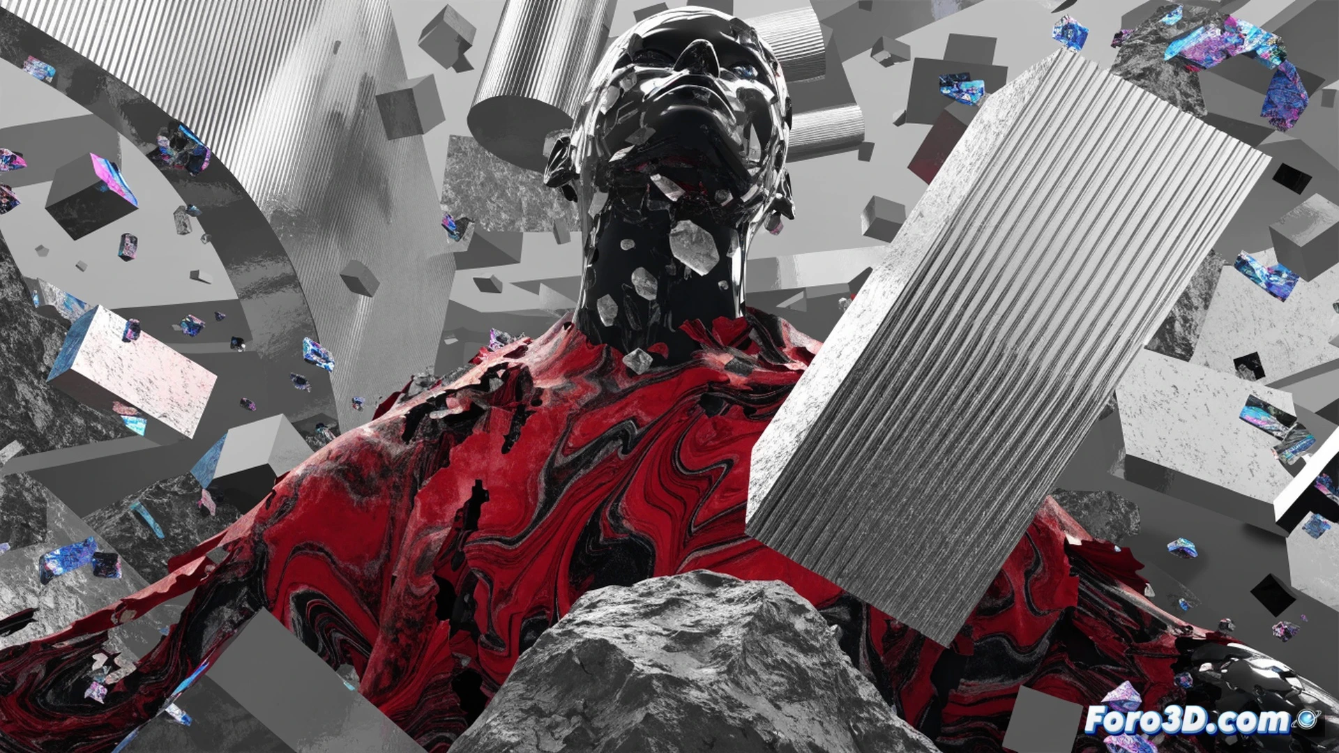 A 3D artist workstation with a stylized digital sculpture on screen, geometric polygons breaking apart into floating shards while texture maps glitch with RGB artifacts, mouse cursor hovering over a corrupted simulation node in Blender software interface, scattered mesh fragments emitting pixelated debris, cinematic technical illustration style, dramatic side lighting casting long shadows across the desk, metallic keyboard with glowing keys, photorealistic render, detailed GPU cooler visible in background, motion blur on falling digital particles, industrial blue and magenta color palette.