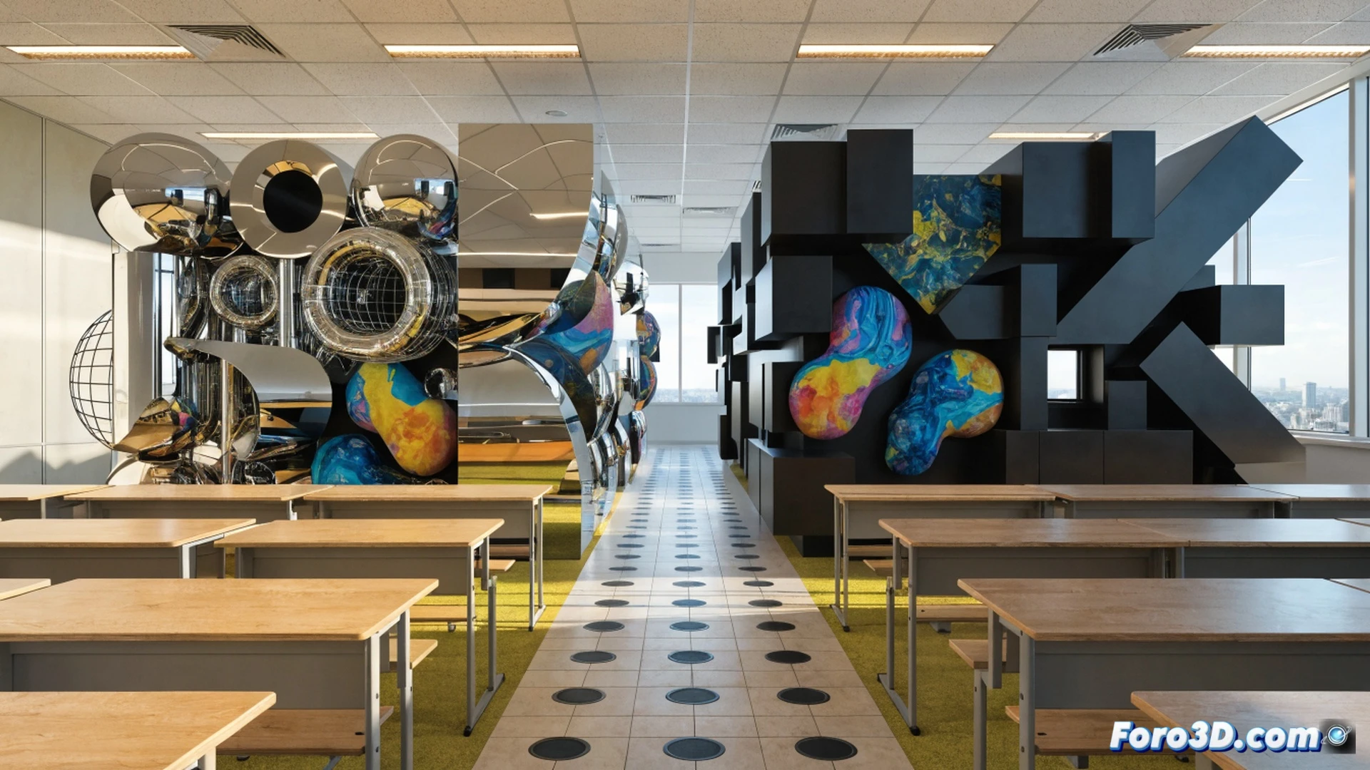 A classroom transformed into an art studio, students aged ten to twelve collaborating around a large table, mixing vibrant acrylic paints on palettes, one child applying brushstrokes to a canvas depicting abstract geometric shapes while another uses a spatula to layer textured paint, a teacher guiding a student holding a digital tablet displaying a colour wheel app, colourful paper scraps and glue sticks scattered, brushes and water cups in use, natural light from tall windows illuminating the creative process, photorealistic educational scene, warm inviting atmosphere, focused expressions, hands actively engaged during the artistic process, bright primary colours contrasting with neutral classroom walls