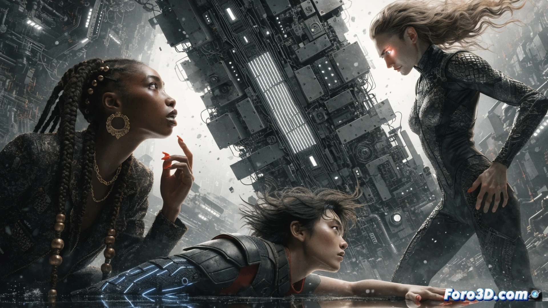 three superhero artists in dynamic combat poses, one wielding a stylus that fires glowing digital paint strokes at a massive robotic AI core, another hurling a chisel that shatters a holographic copyright symbol, a third using a paintbrush to weave a luminous net around a server rack mid-explosion, cables sparking and broken monitors displaying static, dramatic dust particles, cinematic battle scene, photorealistic style, dark blue and orange neon lighting, detailed mechanical textures, debris and glowing data streams floating in the air, high contrast, technical illustration with sci-fi elements