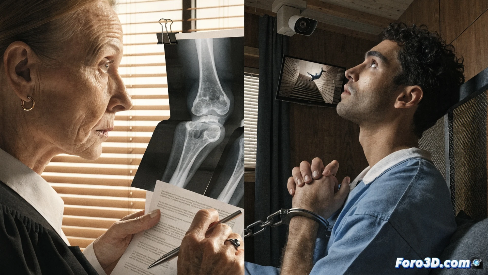 forensic analysis scene showing a middle-aged man falling backward on a rocky mountain path, hands reaching out, while a younger man stands motionless nearby, medical X-ray images of a hip joint with severe arthritis displayed on a tablet held by a forensic examiner, video surveillance footage playing on a laptop showing the same location, magnifying glass over a map of the trail, bones and joint cartilage degradation visible in the X-ray, dramatic shadows, cold blue and gray color palette, photorealistic technical visualization, cinematic lighting emphasizing the contrast between medical evidence and the accident scene, ultra-detailed textures on rocks and skin