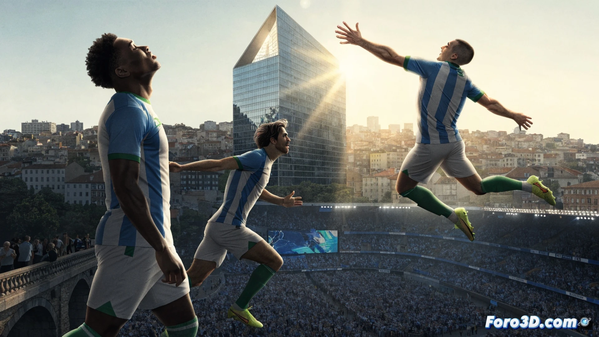 joven futbolista celebrando gol en estadio iluminado, camiseta celeste con detalles técnicos de costuras, balón en pleno giro entrando a portería, césped artificial con marcas de líneas nítidas, aficionados vitoreando con bufandas ondeando, proceso de celebración deportiva mostrando impacto en la red, cámara lenta durante el salto del jugador, luces de estadio creando sombras dramáticas, textura realista de césped y malla, fotorealismo cinematográfico, profundidad de campo reducida, colorimetría vibrante y saturada, detalles de equipamiento deportivo y calzado técnico
