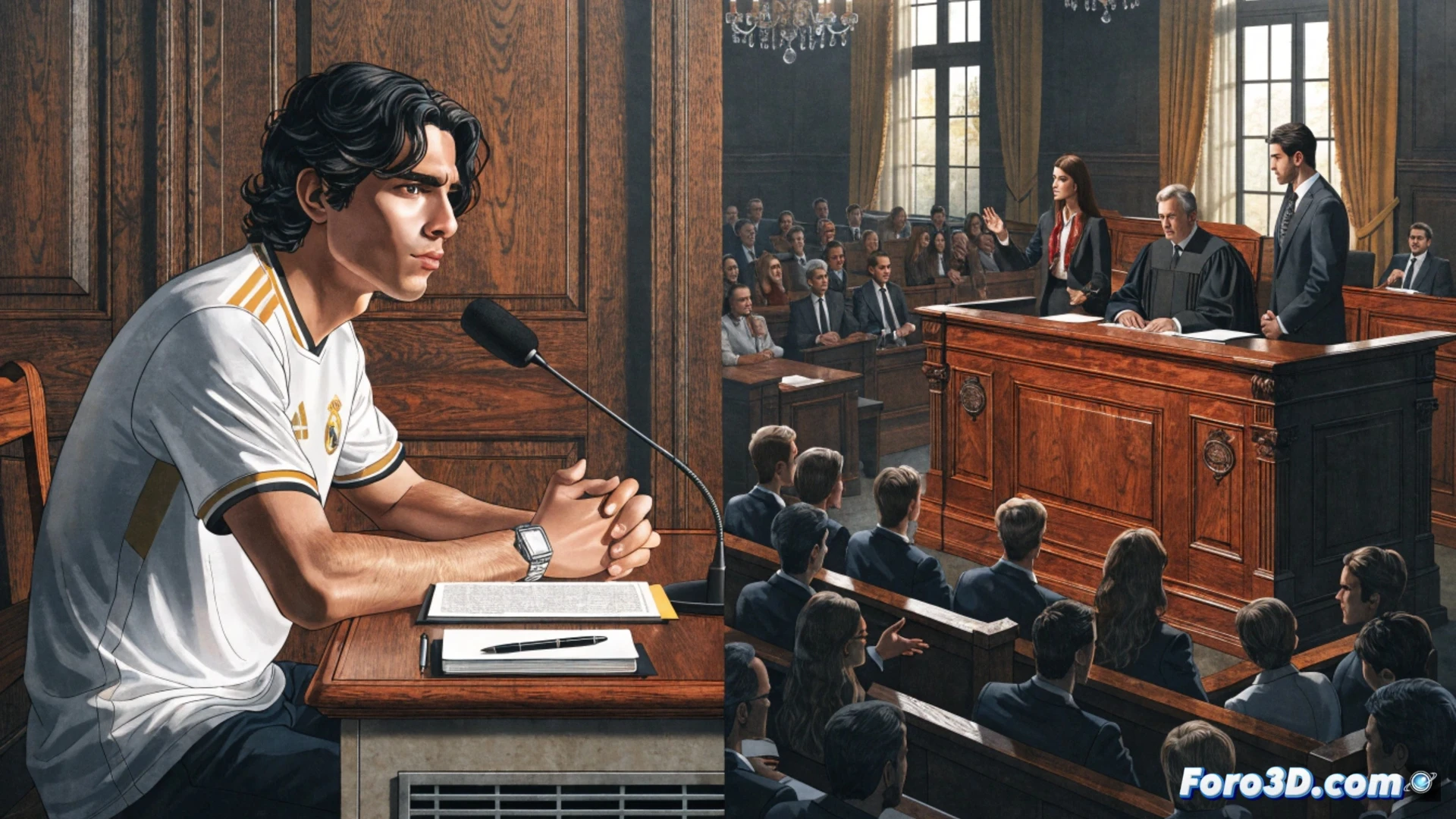 courtroom interior scene, Raúl Asencio standing at defendant podium, head bowed, holding a printed apology statement, prosecutor pointing toward victims seated in gallery, judge presiding at elevated bench, legal documents and case files scattered on oak table, laptop displaying evidence video timeline, gavel resting on sound block, photorealistic technical illustration, cinematic lighting from high windows casting long shadows, tense courtroom atmosphere, neutral beige walls, wooden benches, motion blur on turning pages, ultra-detailed judicial setting
