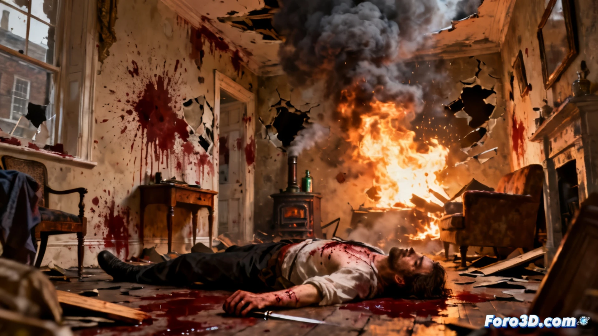 domestic violence crime scene reconstruction, forensic investigation of a gas explosion aftermath in a London apartment kitchen, shattered windows and debris scattered across the floor, a kitchen knife with bloodstains lying near a broken gas stove, a forensic analyst in protective gear examining the gas valve mechanism while another officer documents evidence with a digital camera, cinematic crime scene lighting with blue and red emergency lights casting shadows through smoke, photorealistic technical illustration, ultra-detailed textures of broken glass and charred surfaces, dramatic tension in the composition, realistic forensic procedural visualization