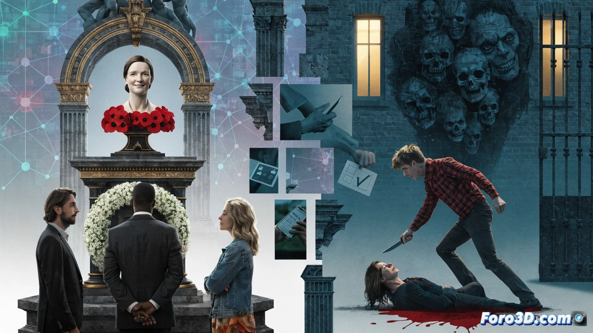 photorealistic cinematic scene of a shattered stained-glass window in a parliamentary chamber, cracks spreading from a central impact point, fragments suspended mid-air during disintegration, a single red rose lying on a marble floor near scattered papers with statistical graphs, a microphone on a podium casting a long shadow, polarised silhouettes of opposing crowds visible through broken glass, dramatic chiaroscuro lighting, ultra-detailed architectural interior, symbolic political tension, technical illustration style